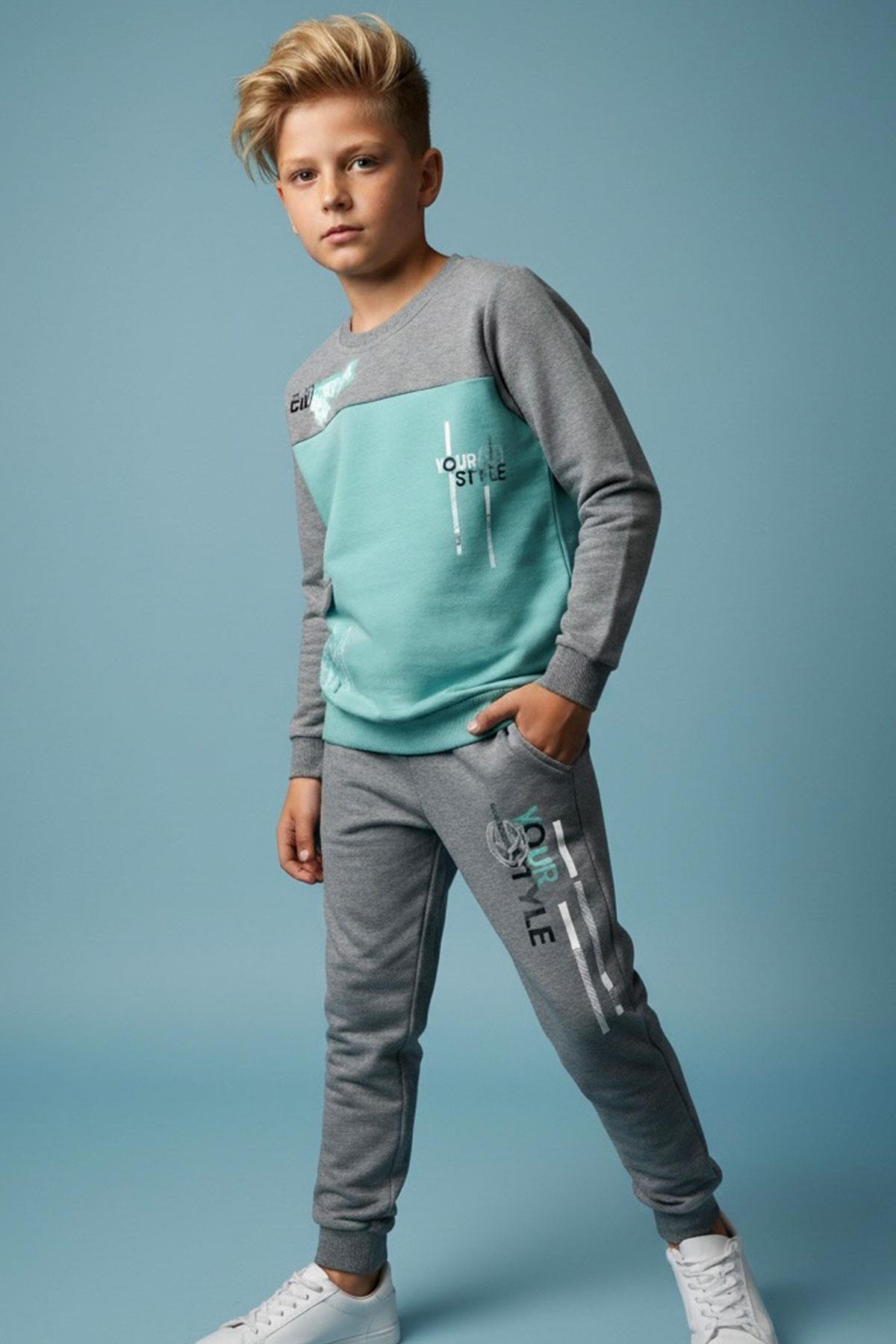 Breeze Erkek Çocuk Eşofman Takımı Cep Kapak Detaylı Yazı Baskılı Su Yeşili (7-12 Yaş)