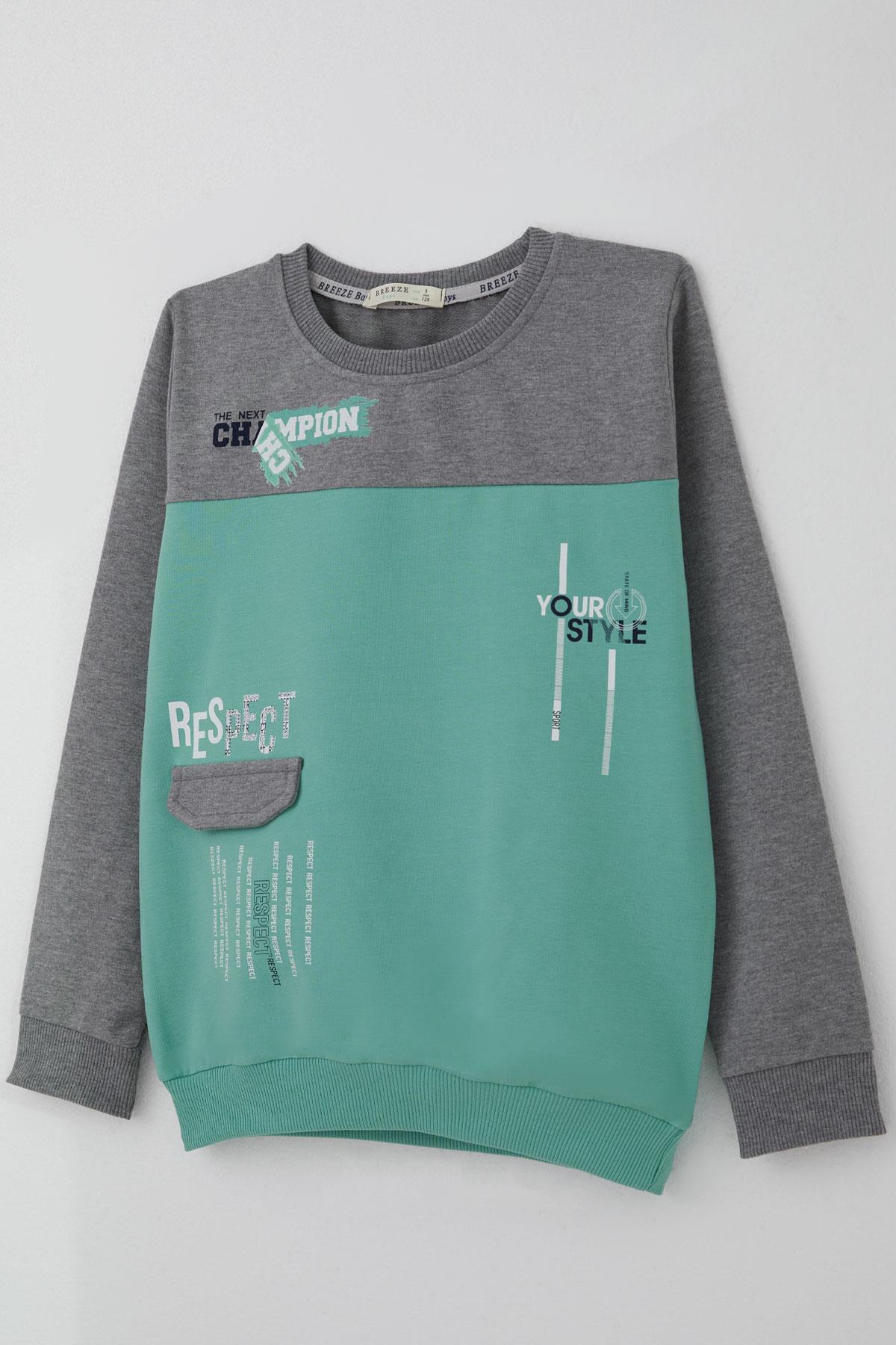 Breeze Erkek Çocuk Eşofman Takımı Cep Kapak Detaylı Yazı Baskılı Su Yeşili (7-12 Yaş)