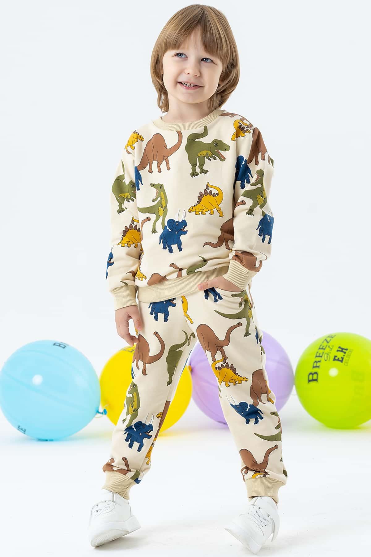 Breeze Erkek Çocuk Eşofman Takımı Dinozor Desenli Krem (4-7 Yaş)