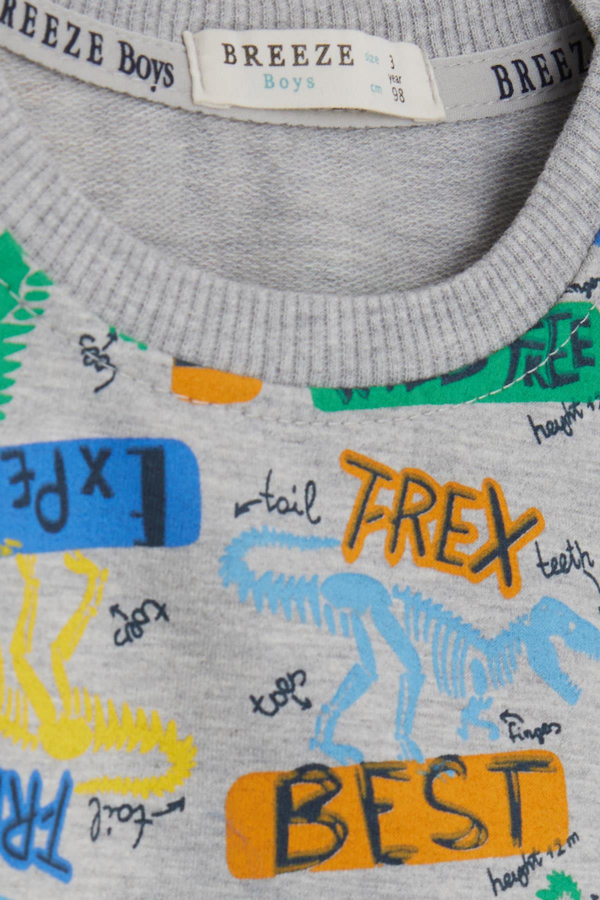Breeze Erkek Çocuk Eşofman Takımı Dinozor Desenli Gri Melanj (1.5-5 Yaş)