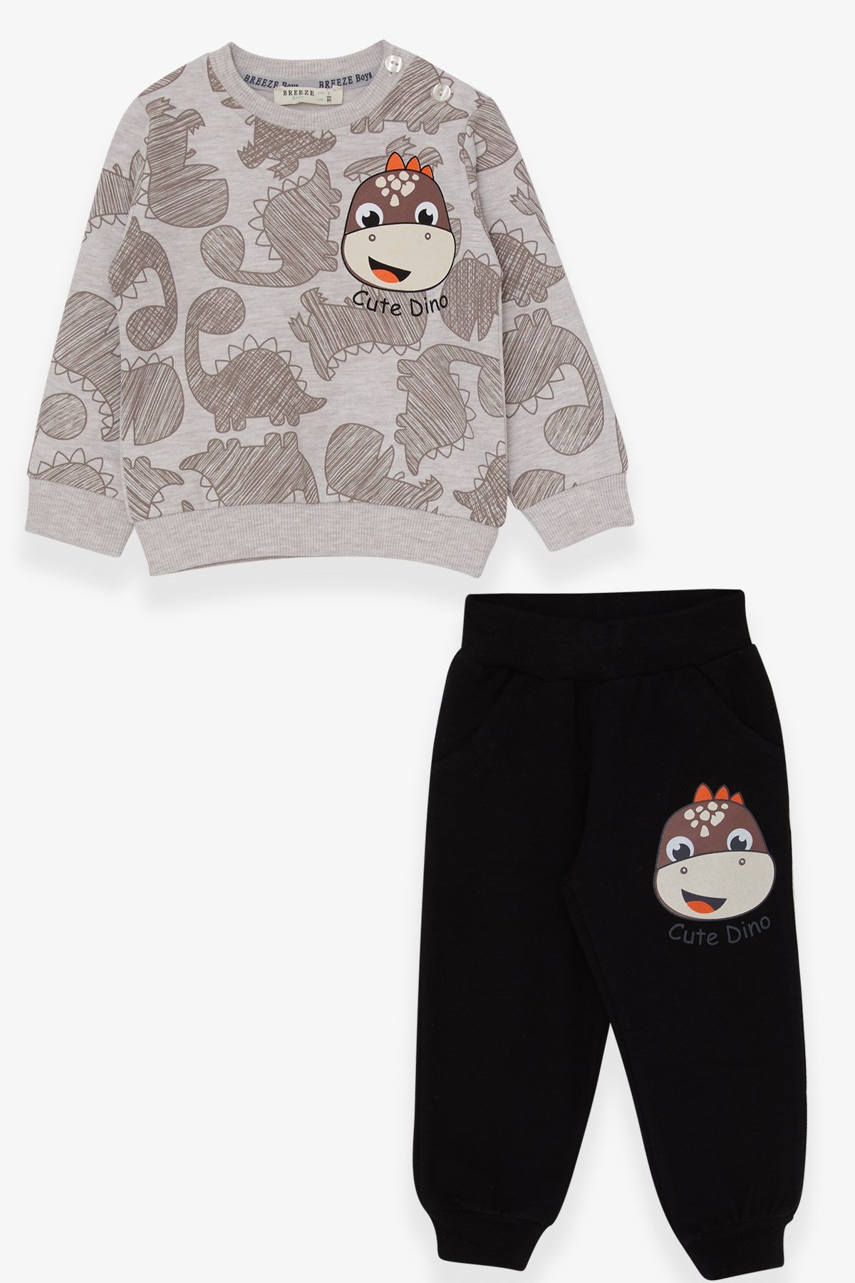 Breeze Erkek Çocuk Eşofman Takımı Dinozor Baskılı Bej Melanj (1-4 Yaş)