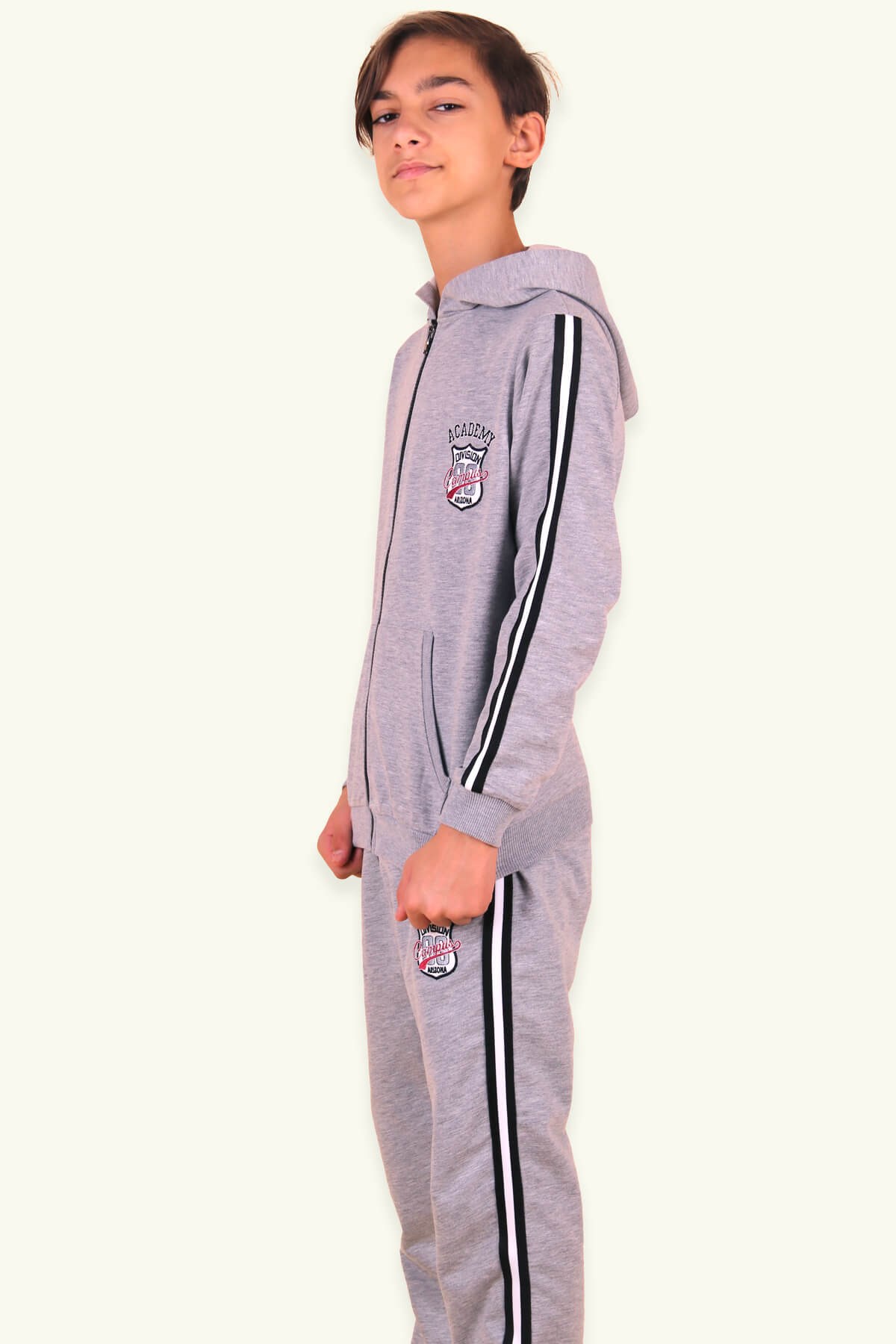 Breeze Erkek Çocuk Eşofman Takımı Kapüşonlu Şeritli Gri (7-12 Yaş)