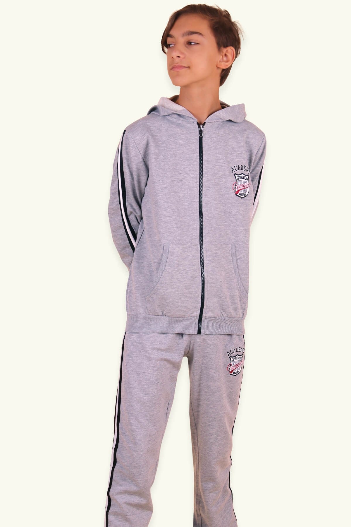 Breeze Erkek Çocuk Eşofman Takımı Kapüşonlu Şeritli Gri (7-12 Yaş)