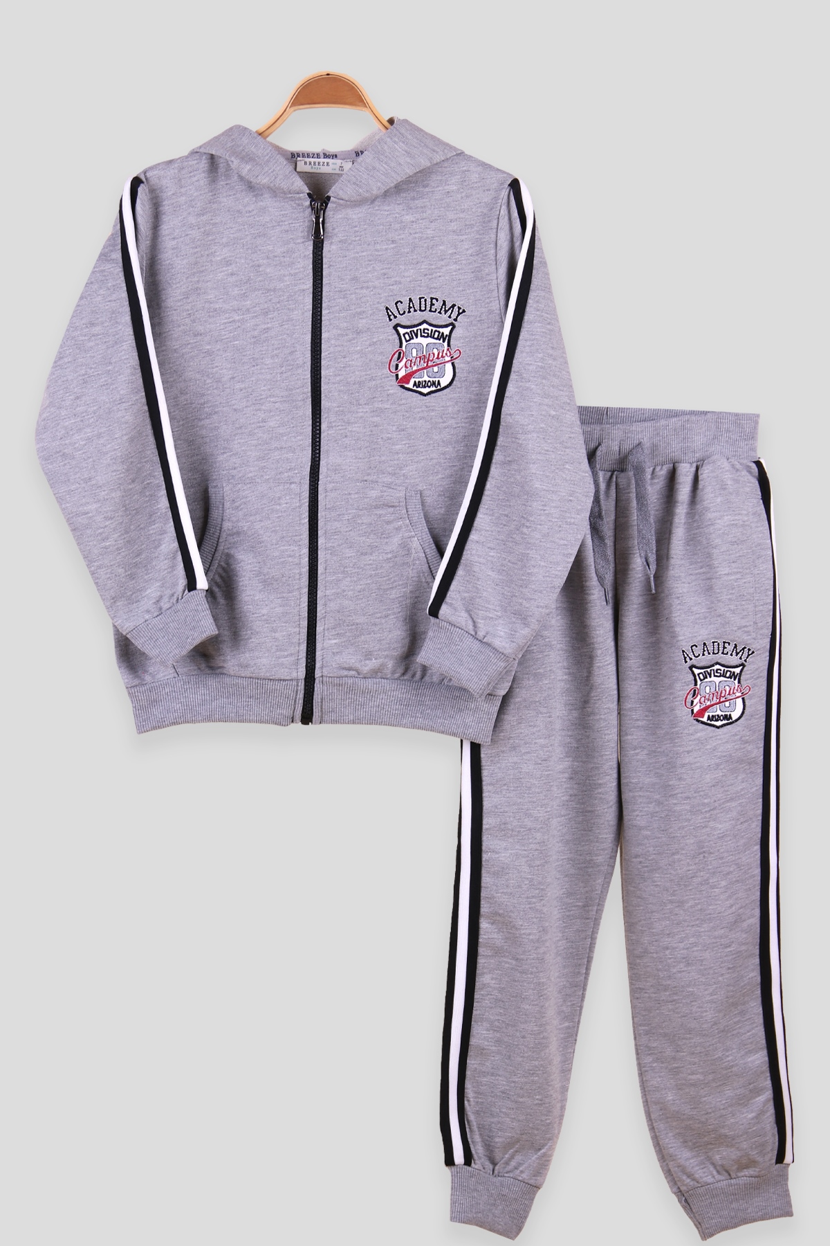 Breeze Erkek Çocuk Eşofman Takımı Kapüşonlu Şeritli Gri (7-12 Yaş)