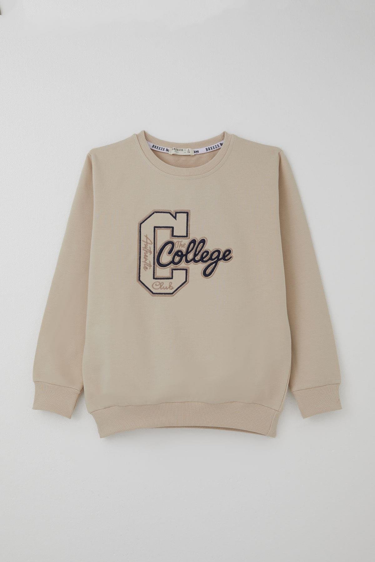 Breeze Erkek Çocuk Eşofman Takımı Kolej Rüzgarı Yazı Nakışlı Bej (5-10 Yaş)