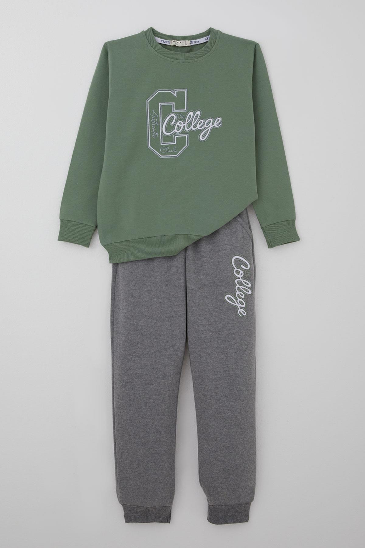Breeze Erkek Çocuk Eşofman Takımı Kolej Rüzgarı Yazı Nakışlı Mint Yeşili (5-10 Yaş)