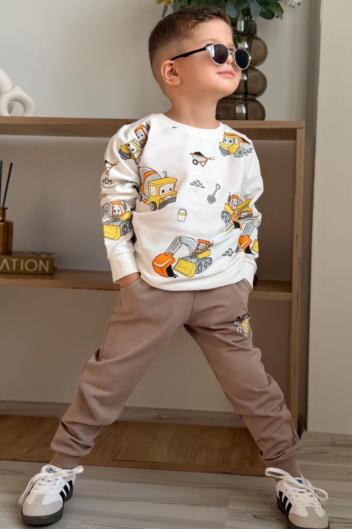 Breeze Erkek Çocuk Eşofman Takımı Küçük Operatör Çalışkan İş Makineleri Ekru (1-3 Yaş)