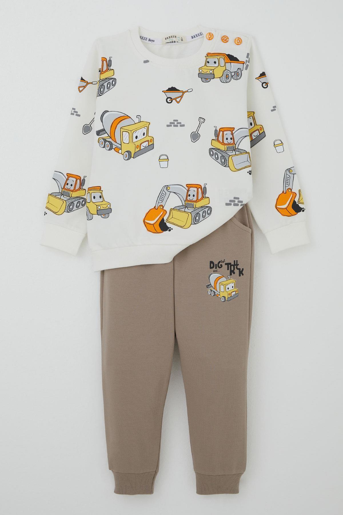 Breeze Erkek Çocuk Eşofman Takımı Küçük Operatör Çalışkan İş Makineleri Ekru (1-3 Yaş)