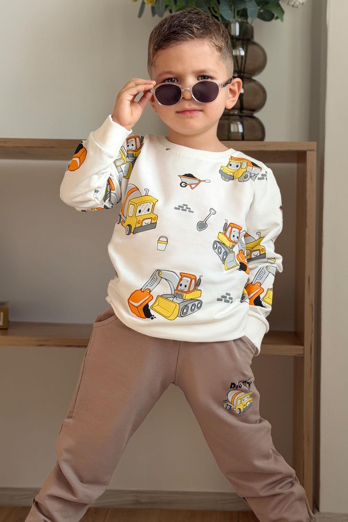 Breeze Erkek Çocuk Eşofman Takımı Küçük Operatör Çalışkan İş Makineleri Ekru (1-3 Yaş)