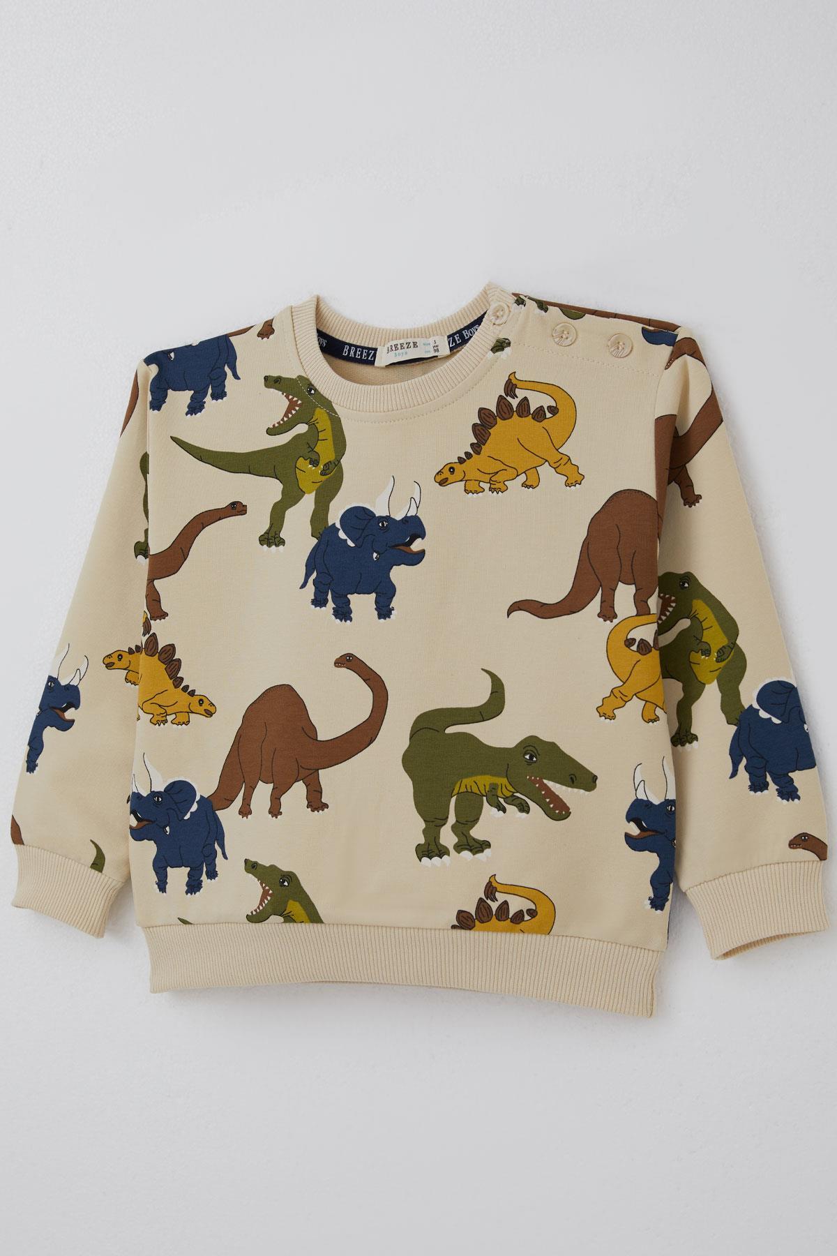 Breeze Erkek Çocuk Eşofman Takımı Kükreyen Dinozorlar Desenli Krem (2-6 Yaş)