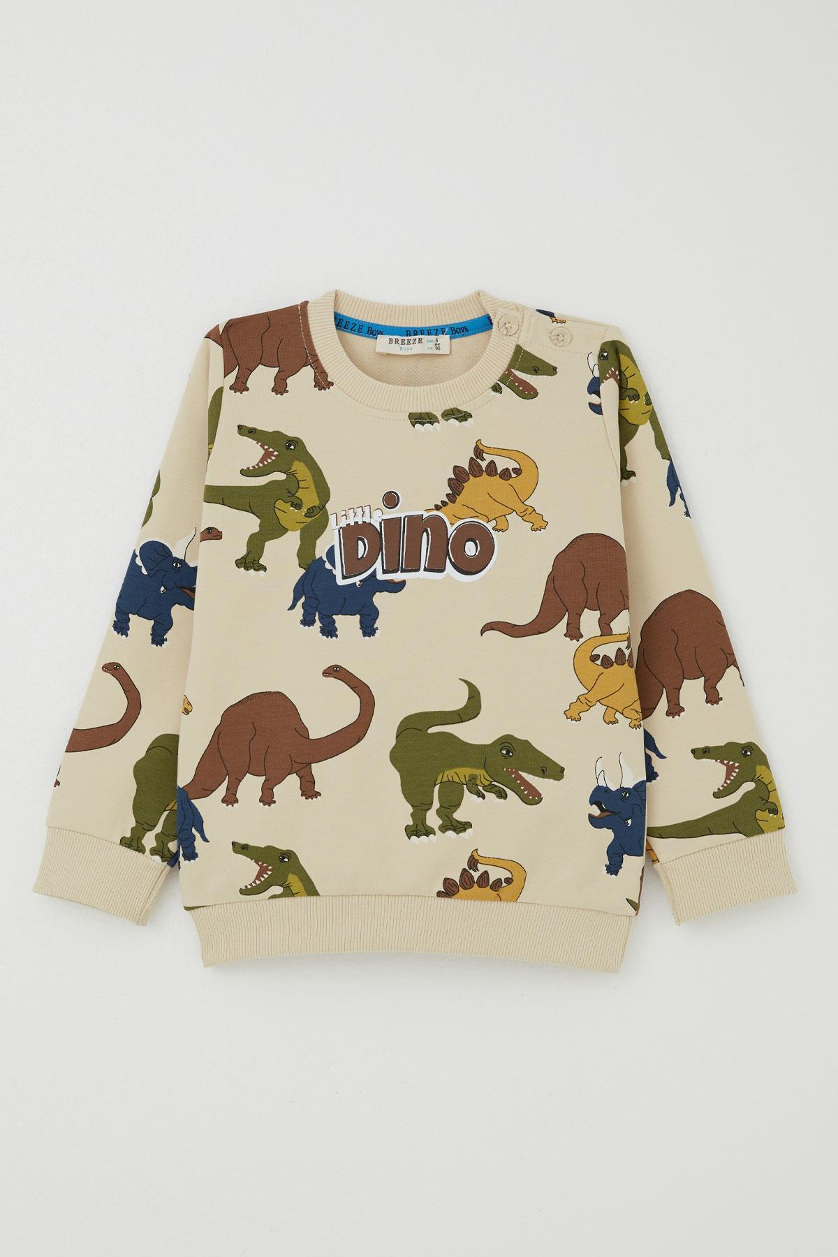 Breeze Erkek Çocuk Eşofman Takımı Kükreyen Dinozorlar Desenli Krem (1.5-5 Yaş)