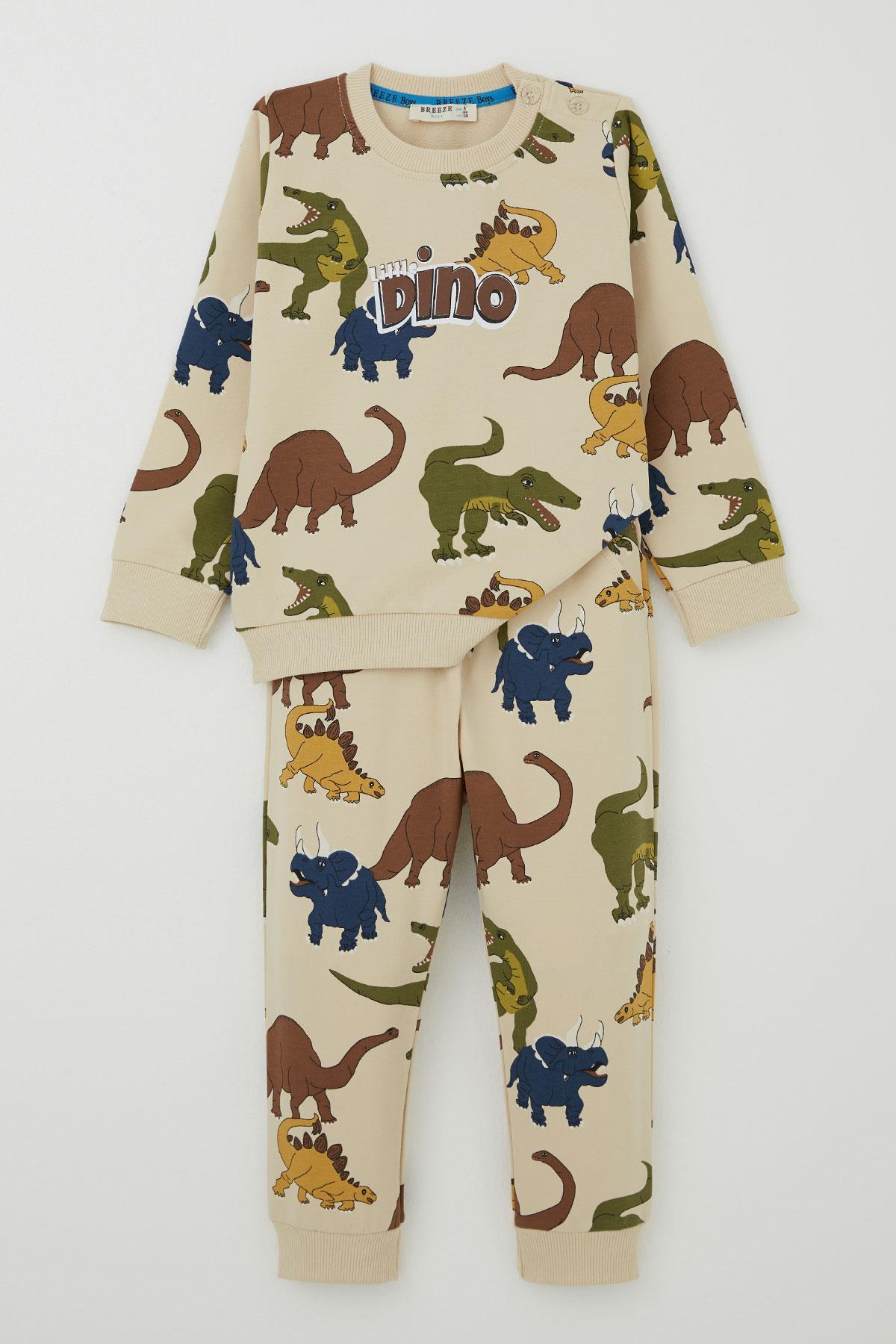 Breeze Erkek Çocuk Eşofman Takımı Kükreyen Dinozorlar Desenli Krem (1.5-5 Yaş)