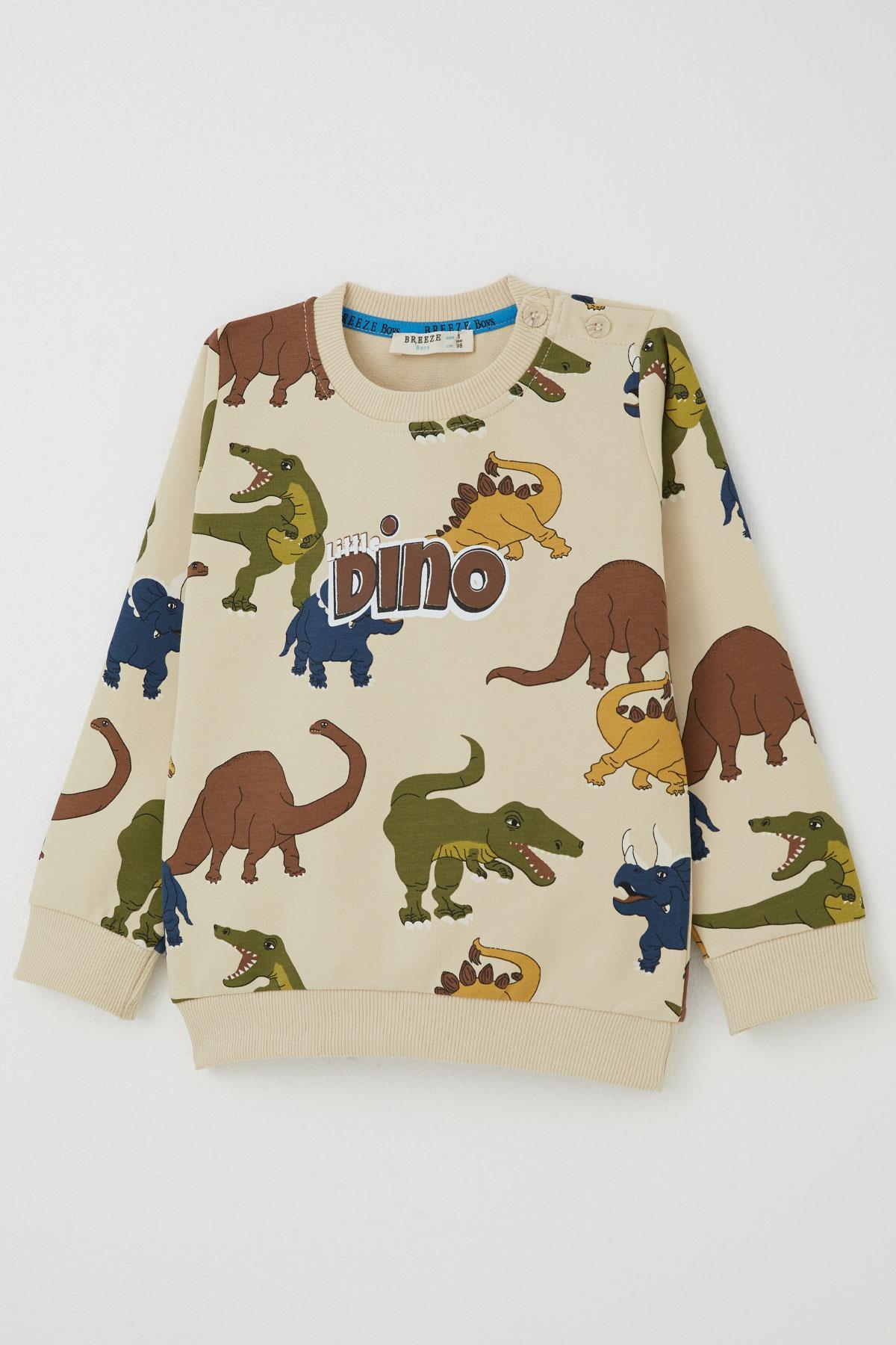 Breeze Erkek Çocuk Eşofman Takımı Kükreyen Dinozorlar Desenli Krem (1.5-5 Yaş)