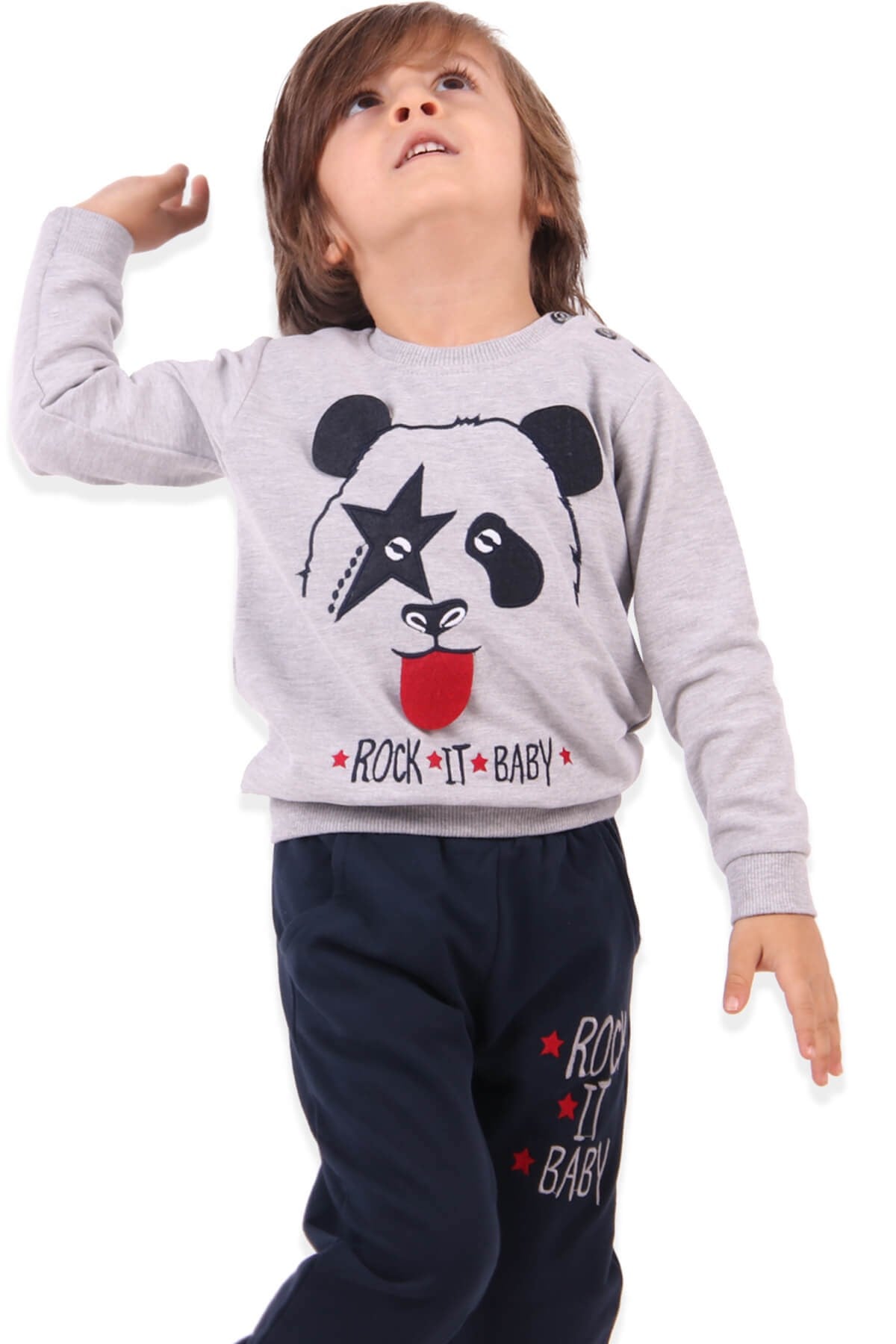 BREEZE Erkek Çocuk Eşofman Takımı Pandalı Gri-Lacivert (1.5-5 Yaş)
