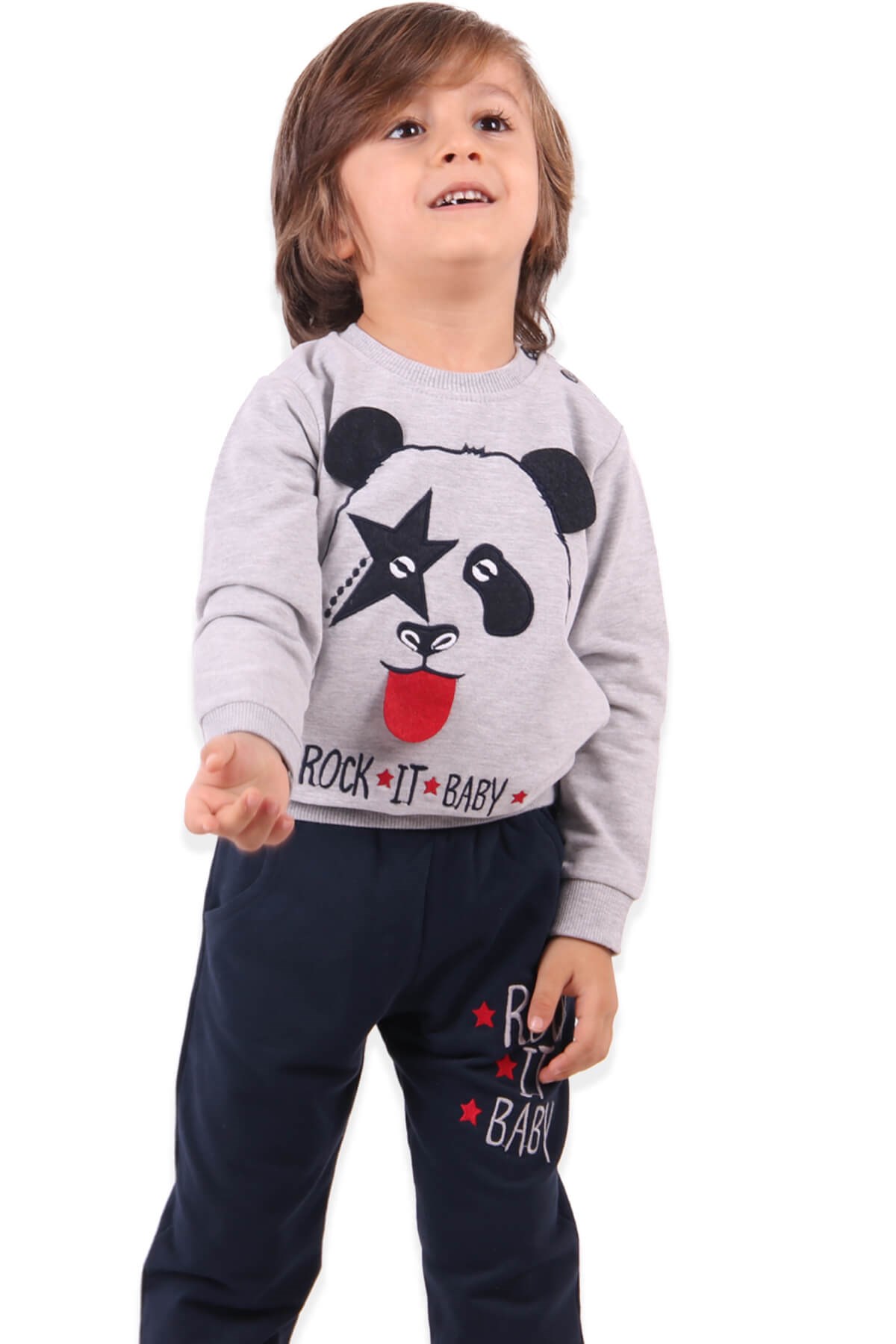 BREEZE Erkek Çocuk Eşofman Takımı Pandalı Gri-Lacivert (1.5-5 Yaş)