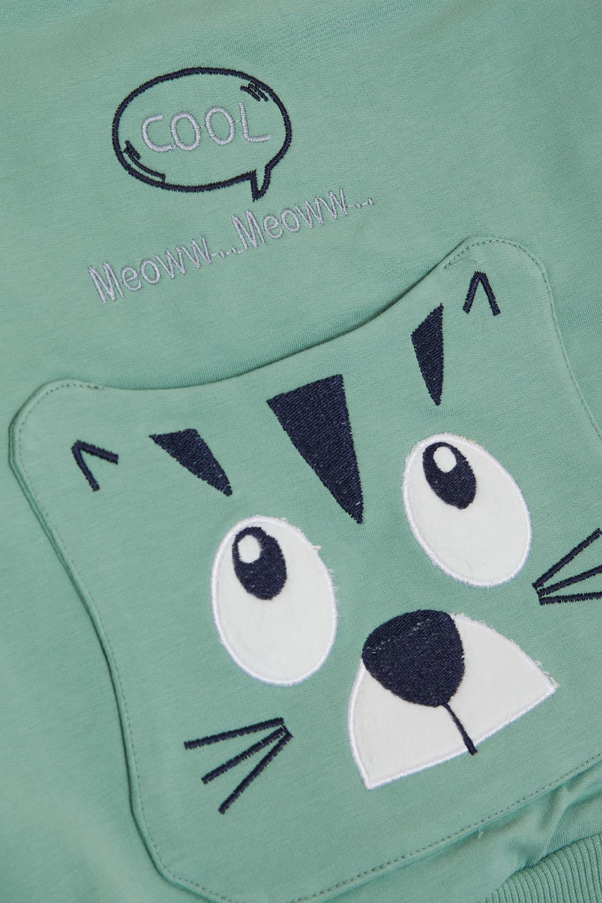 Breeze Erkek Çocuk Eşofman Takımı Sevimli Kedicik Nakışlı Kanguru Cepli Mint Yeşili (1-4 Yaş)
