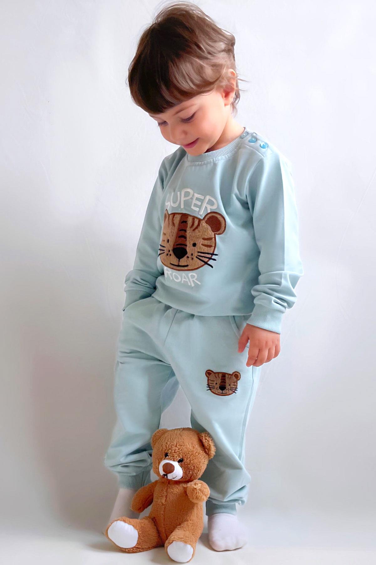 Breeze Erkek Çocuk Eşofman Takımı Sevimli Kaplan Nakışlı Su Yeşili (1-4 Yaş)