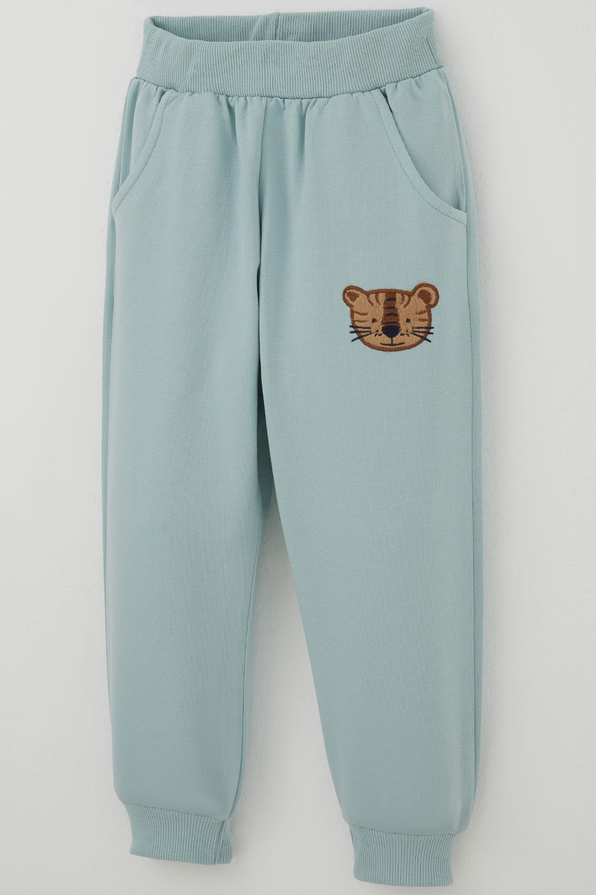 Breeze Erkek Çocuk Eşofman Takımı Sevimli Kaplan Nakışlı Su Yeşili (1-4 Yaş)