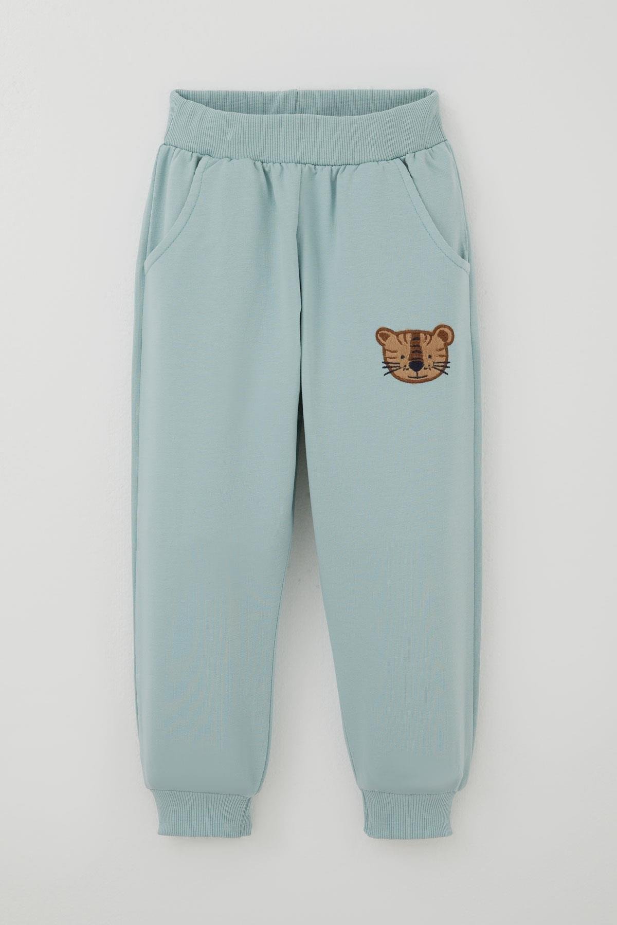 Breeze Erkek Çocuk Eşofman Takımı Sevimli Kaplan Nakışlı Su Yeşili (1-4 Yaş)