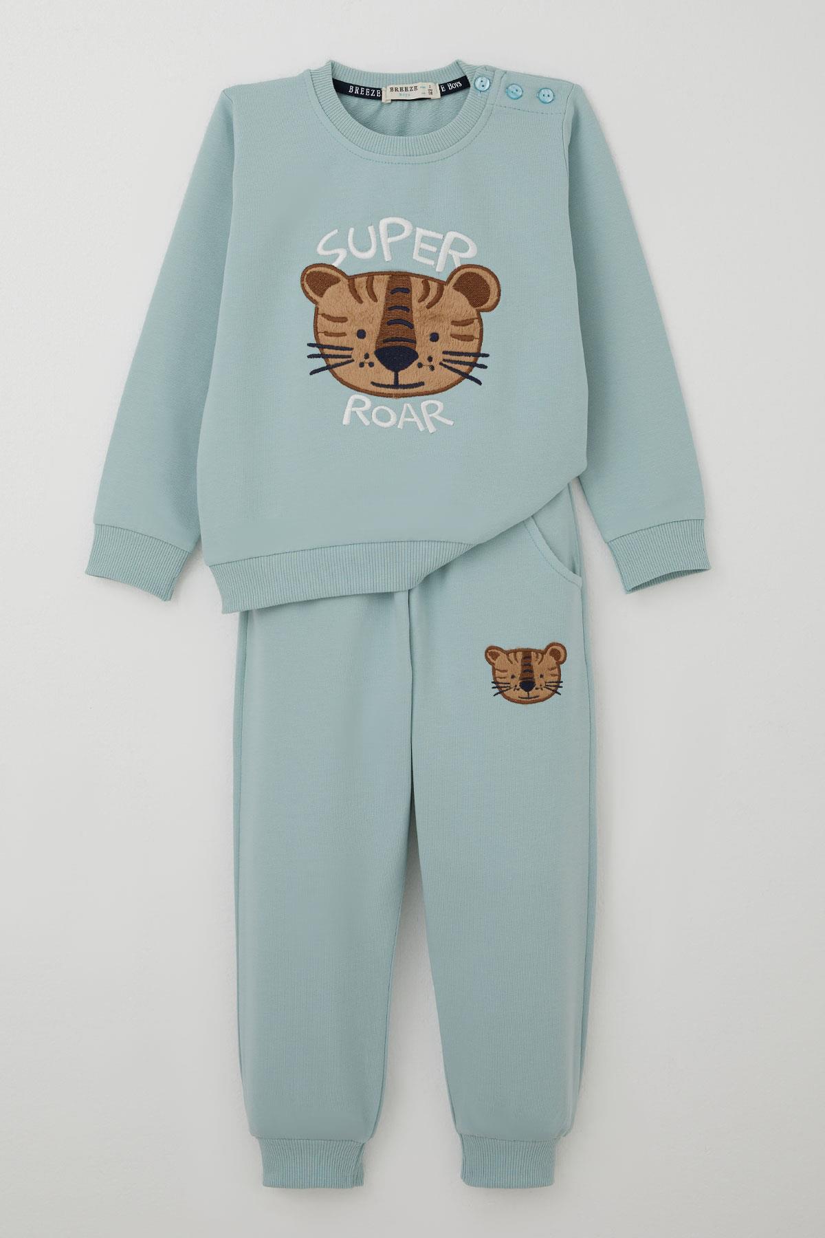 Breeze Erkek Çocuk Eşofman Takımı Sevimli Kaplan Nakışlı Su Yeşili (1-4 Yaş)