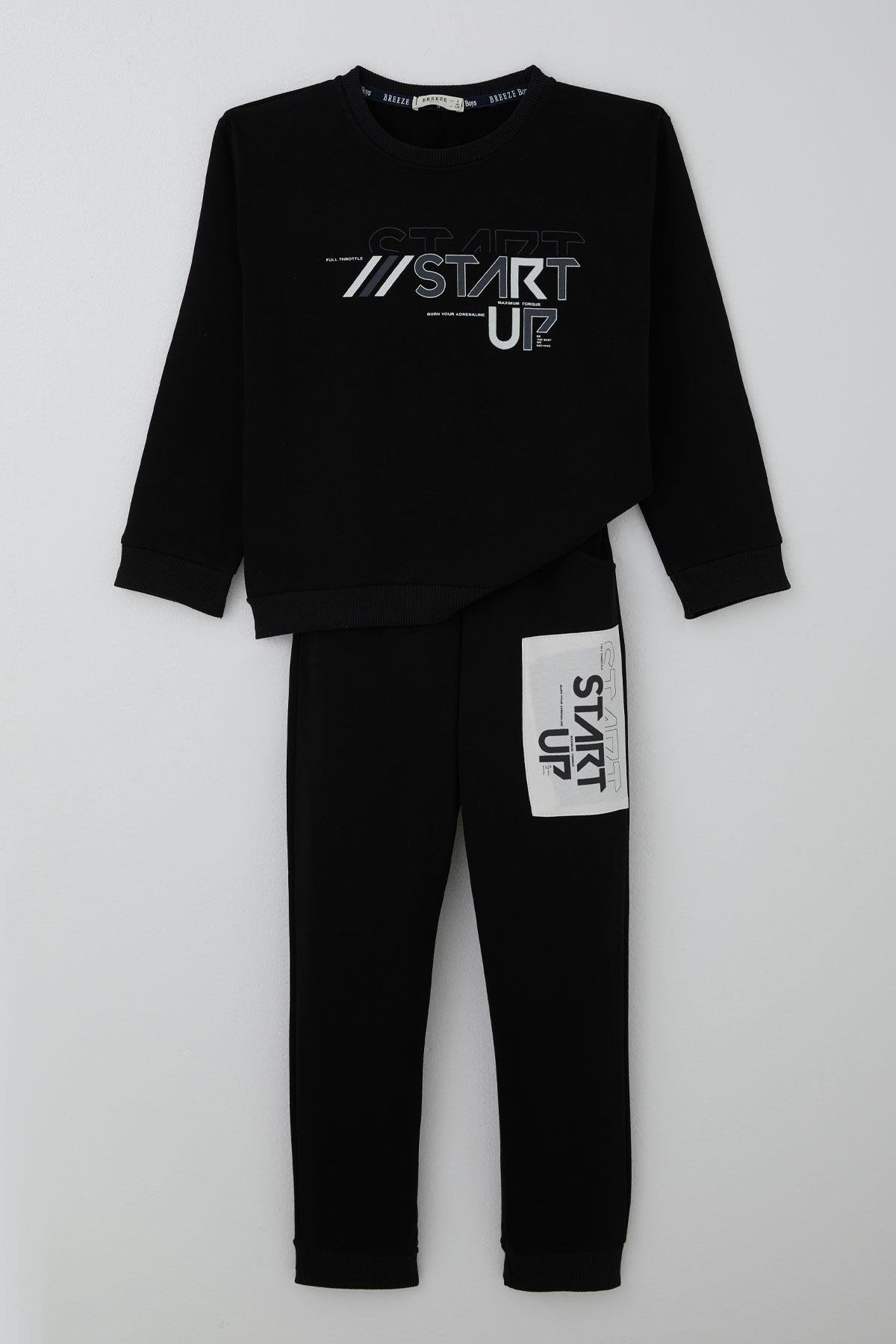 Breeze Erkek Çocuk Eşofman Takımı Yazı Baskılı Pantolunu Parça Detaylı Siyah (5-10 Yaş)