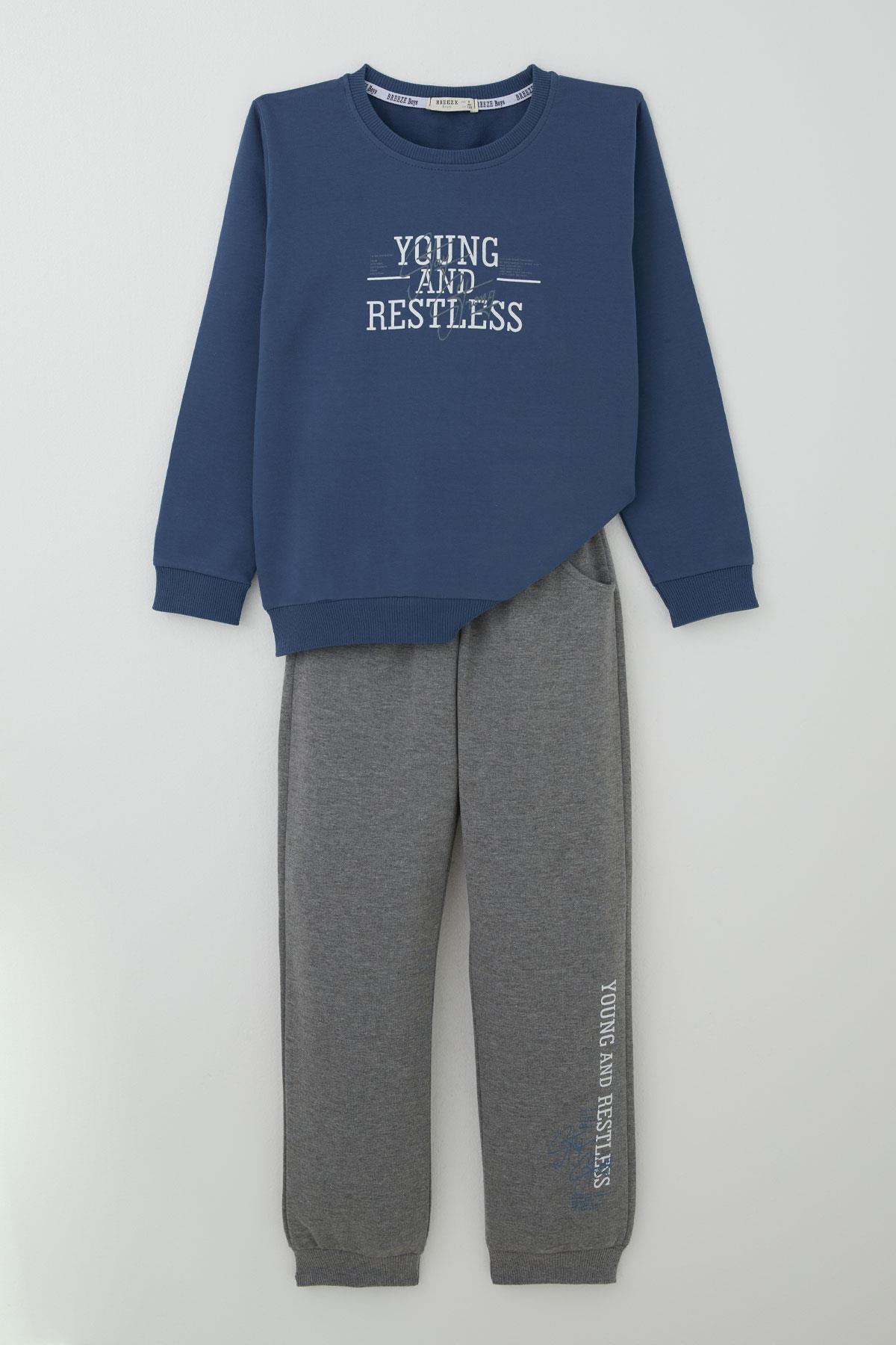 Breeze Erkek Çocuk Eşofman Takımı Yazı Baskılı İndigo (4-8 Yaş)