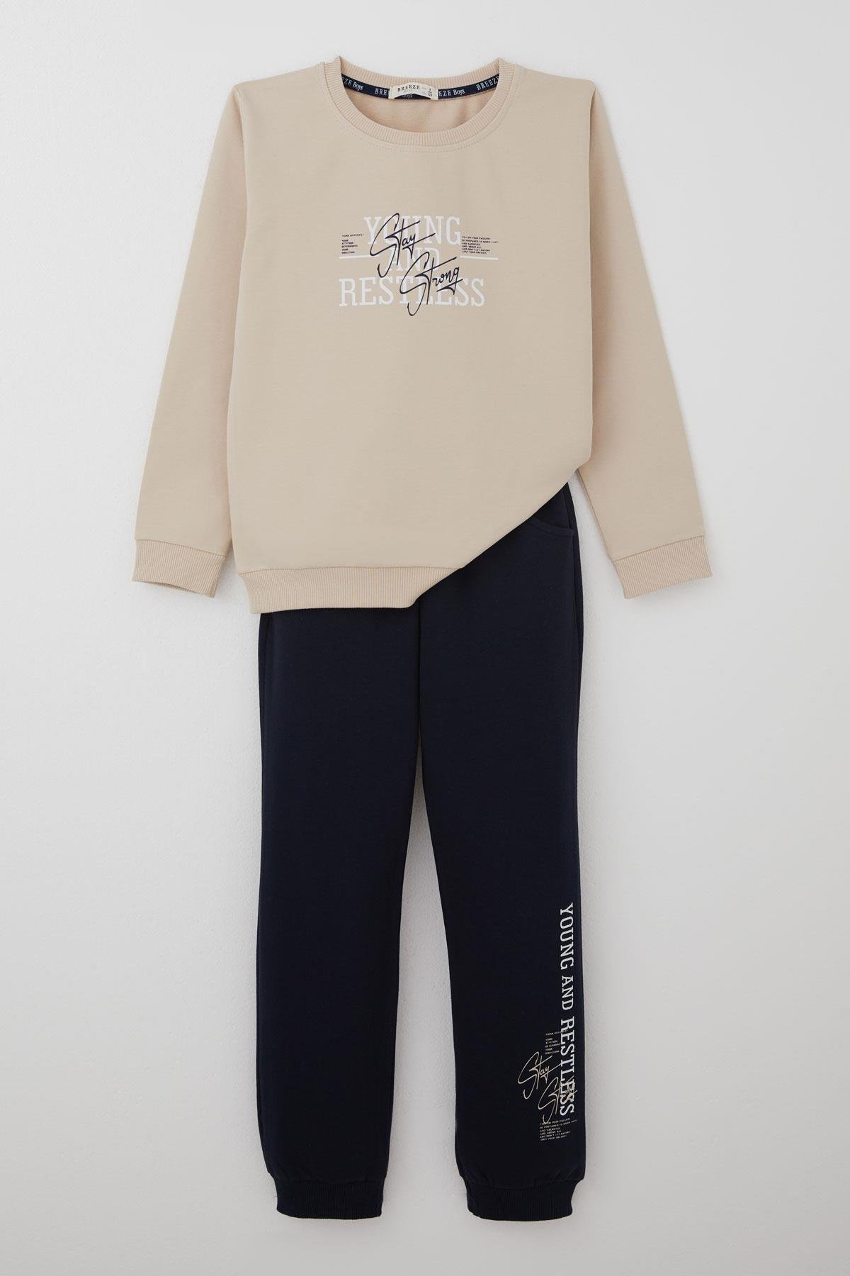 Breeze Erkek Çocuk Eşofman Takımı Yazı Baskılı Bej (4-8 Yaş)