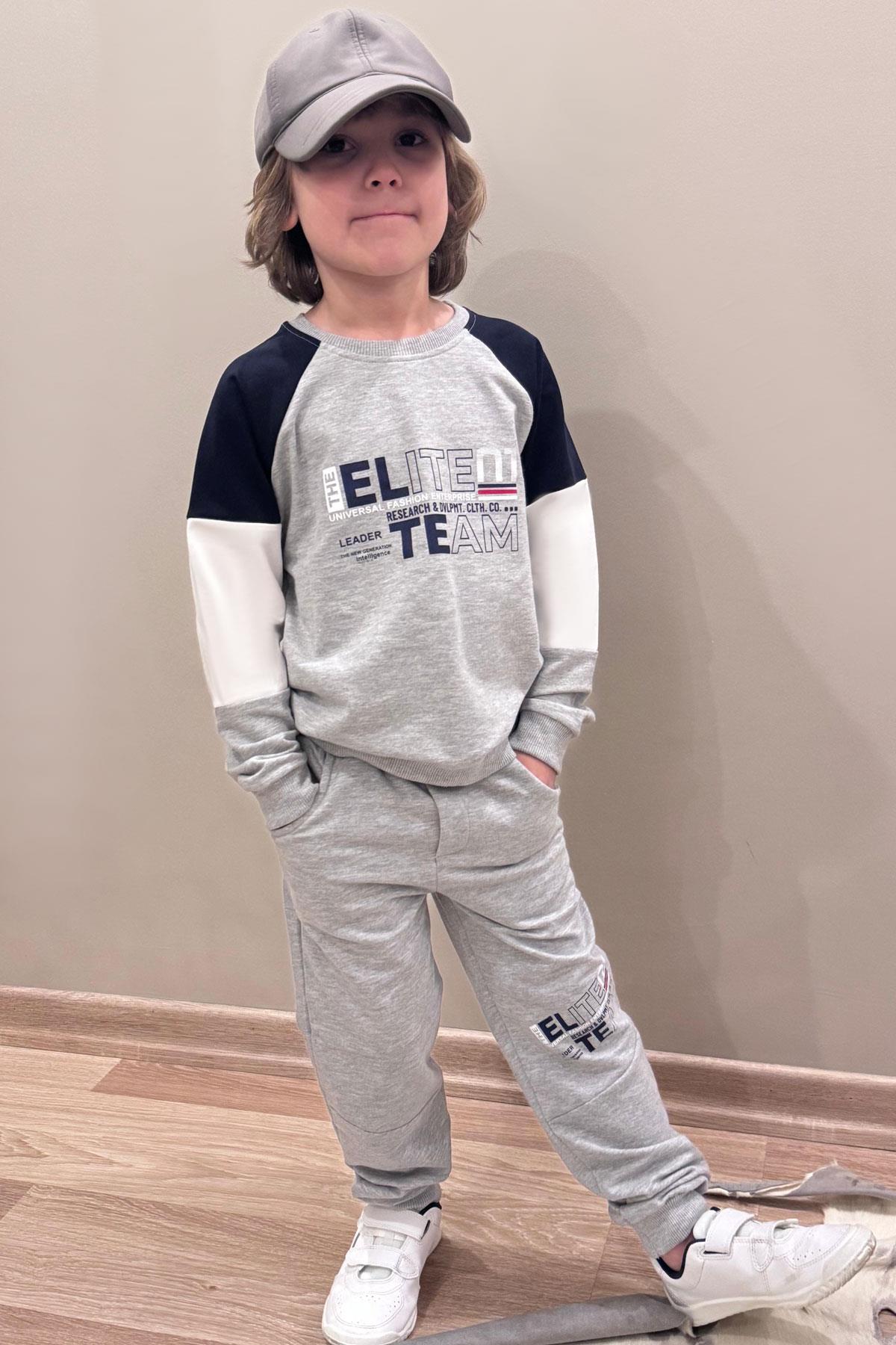 Breeze Erkek Çocuk Eşofman Takımı Yazı Baskılı Kolları Renk Bloklu Gri Melanj (3-6 Yaş)