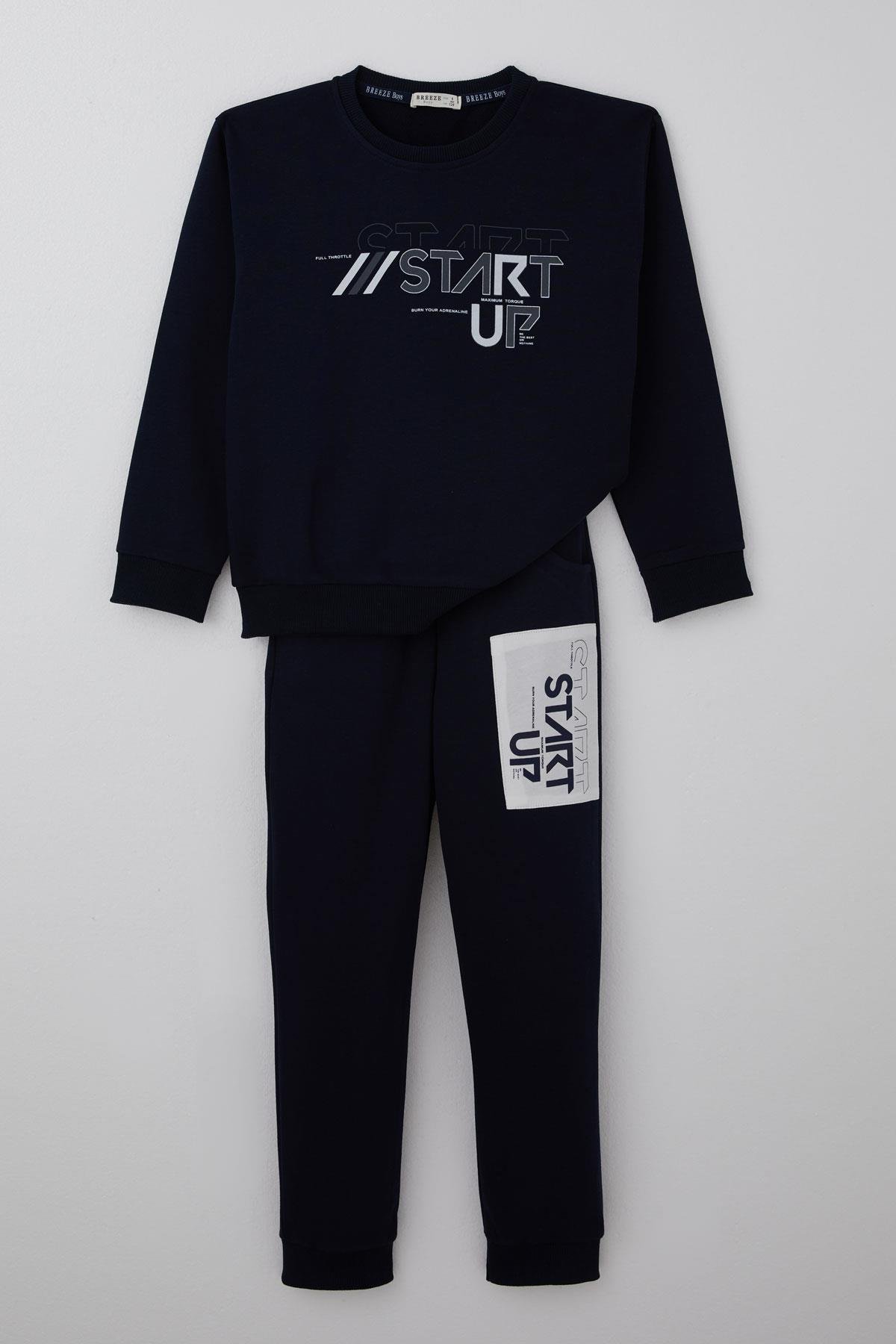 Breeze Erkek Çocuk Eşofman Takımı Yazı Baskılı Pantolunu Parça Detaylı Lacivert (5-10 Yaş)