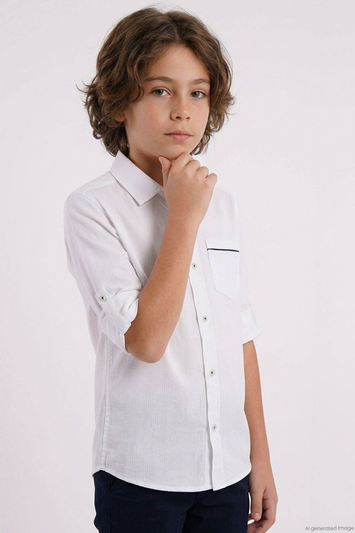 Breeze Erkek Çocuk Gömlek Cep Kısmı Kontrast Şerit Detaylı Düğmeli Beyaz (9-14 Yaş)
