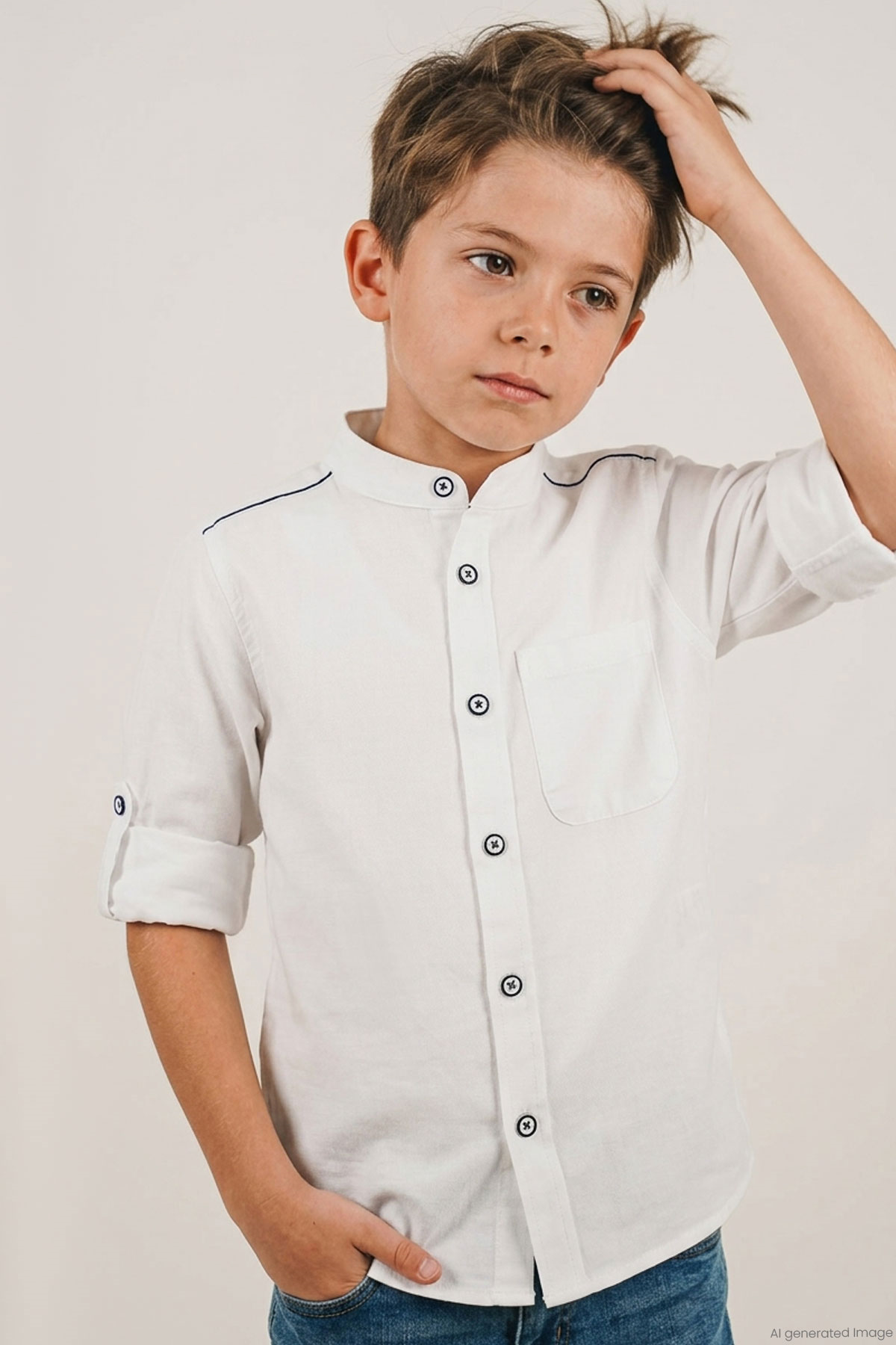 Breeze Erkek Çocuk Gömlek Omuz Kısmı Kontrast Şerit Detaylı Cepli Ekru (4-8 Yaş)