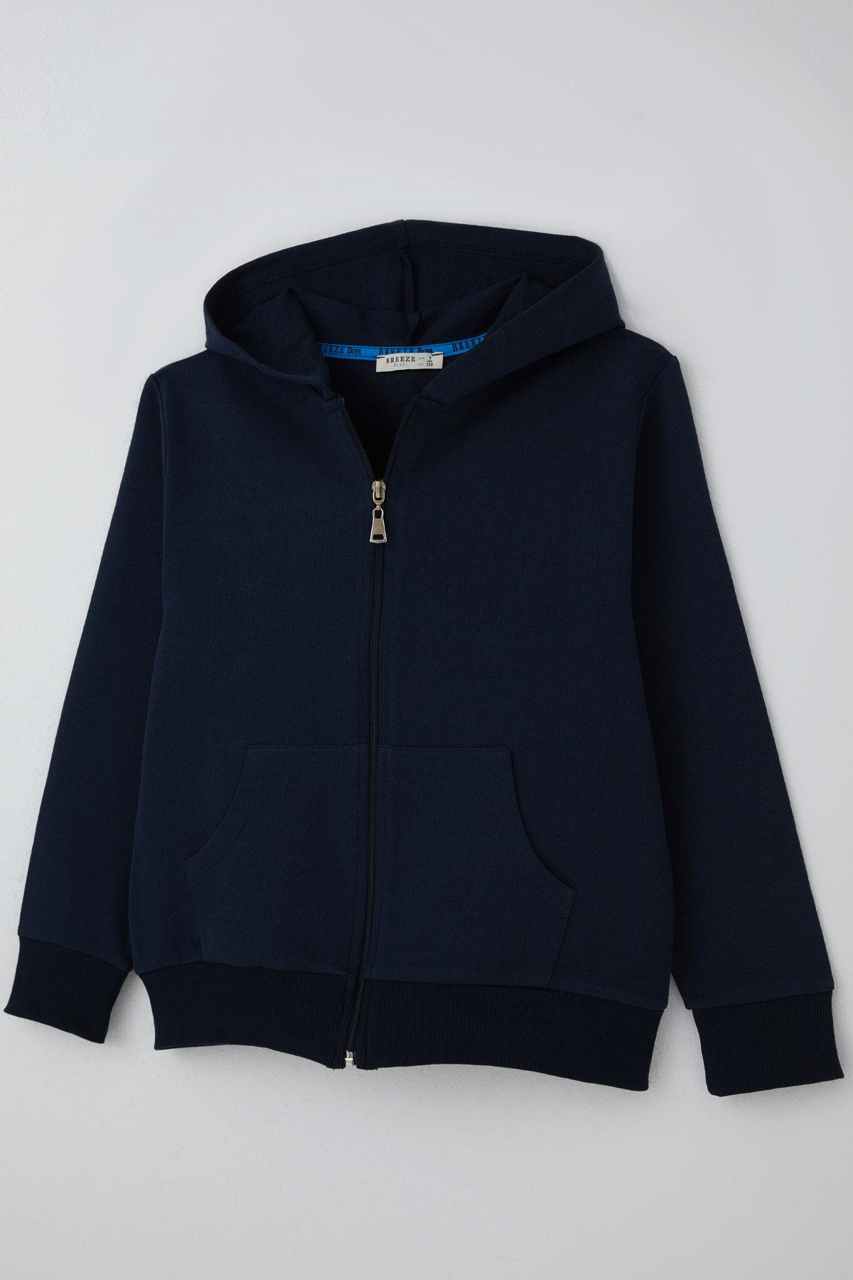 Breeze Erkek Çocuk Hırka Basic Kapüşonlu Fermuarlı Lacivert (6-10 Yaş)