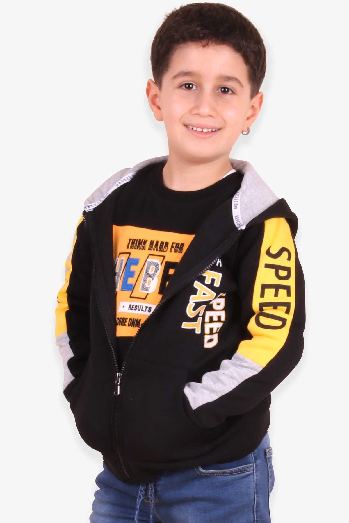 Breeze Erkek Çocuk Hırka Baskılı Kapüşonlu Siyah (4-8 Yaş)