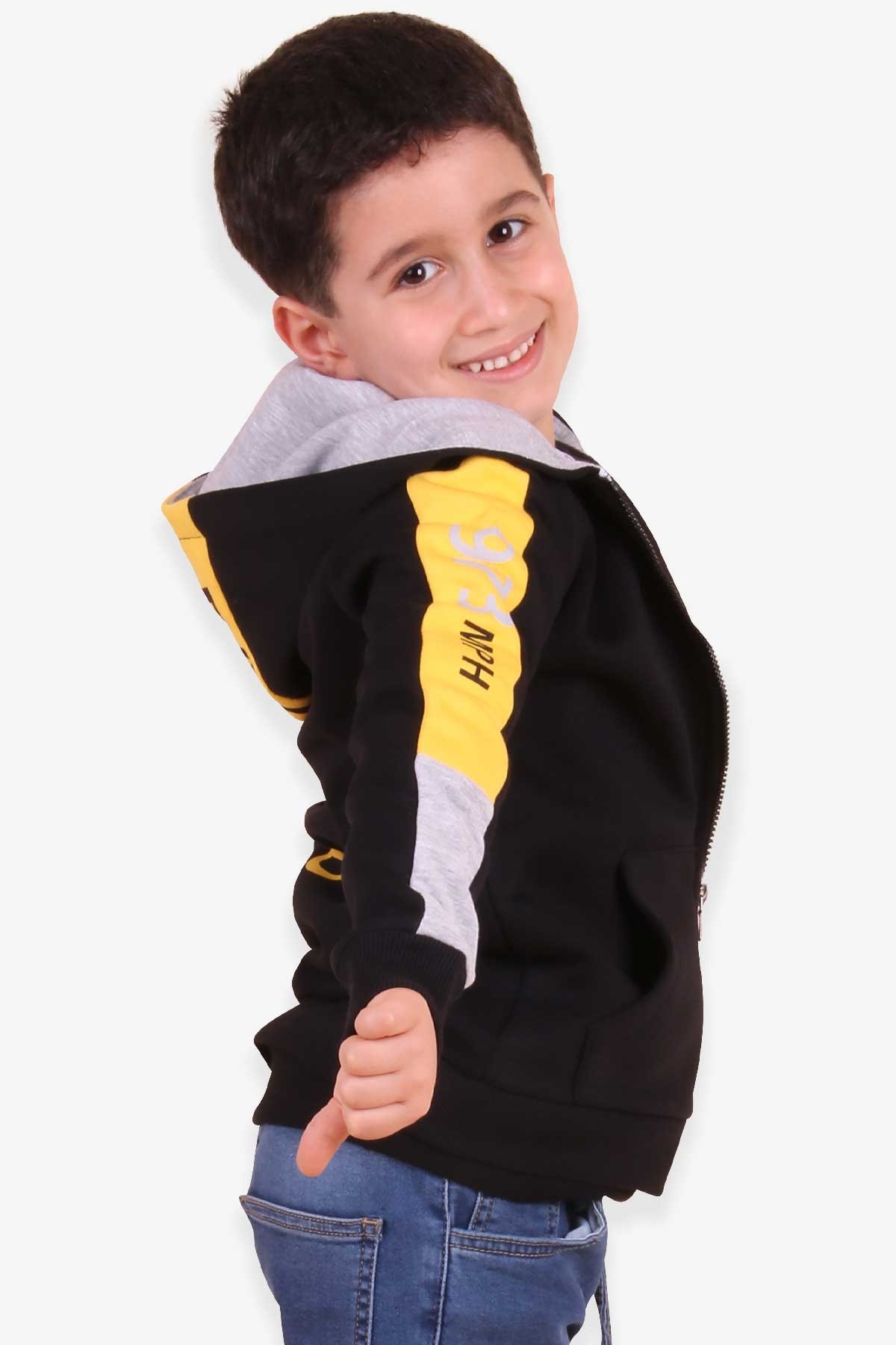 Breeze Erkek Çocuk Hırka Baskılı Kapüşonlu Siyah (4-8 Yaş)