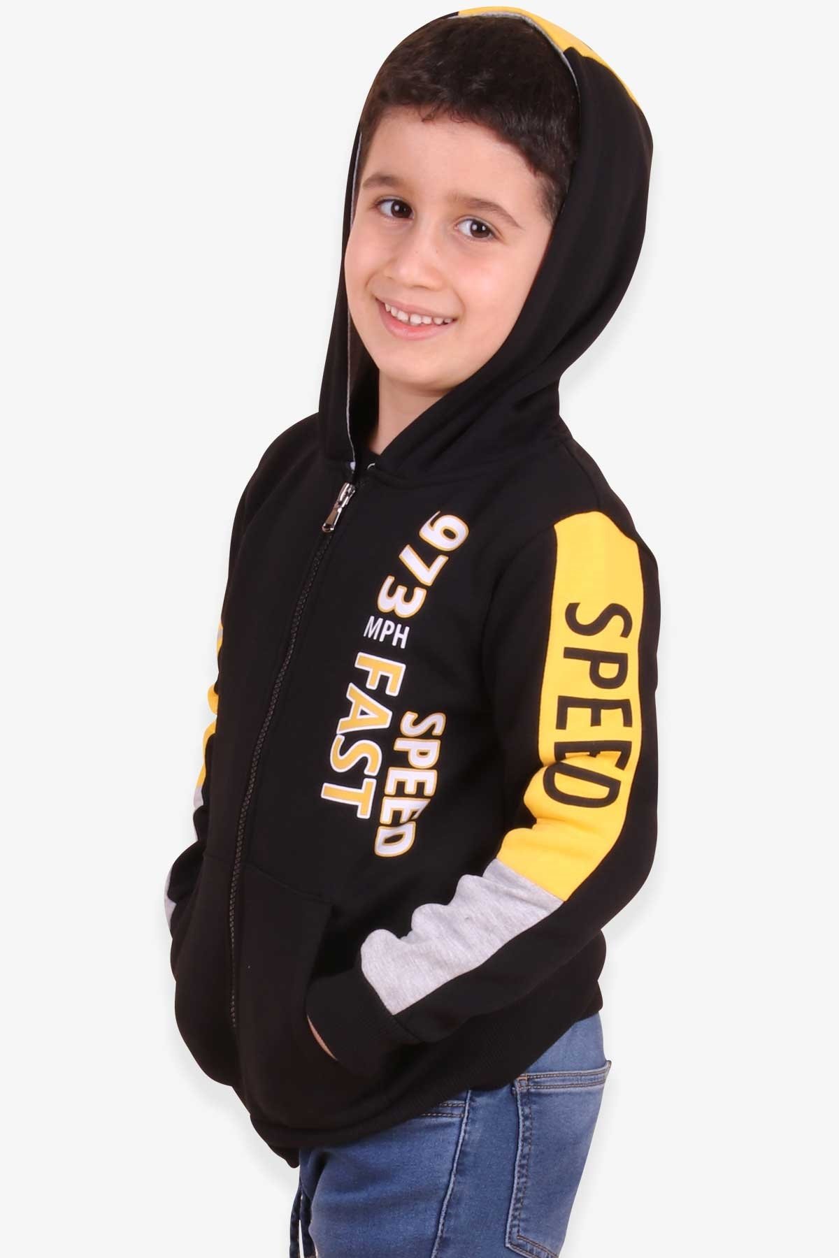 Breeze Erkek Çocuk Hırka Baskılı Kapüşonlu Siyah (4-8 Yaş)