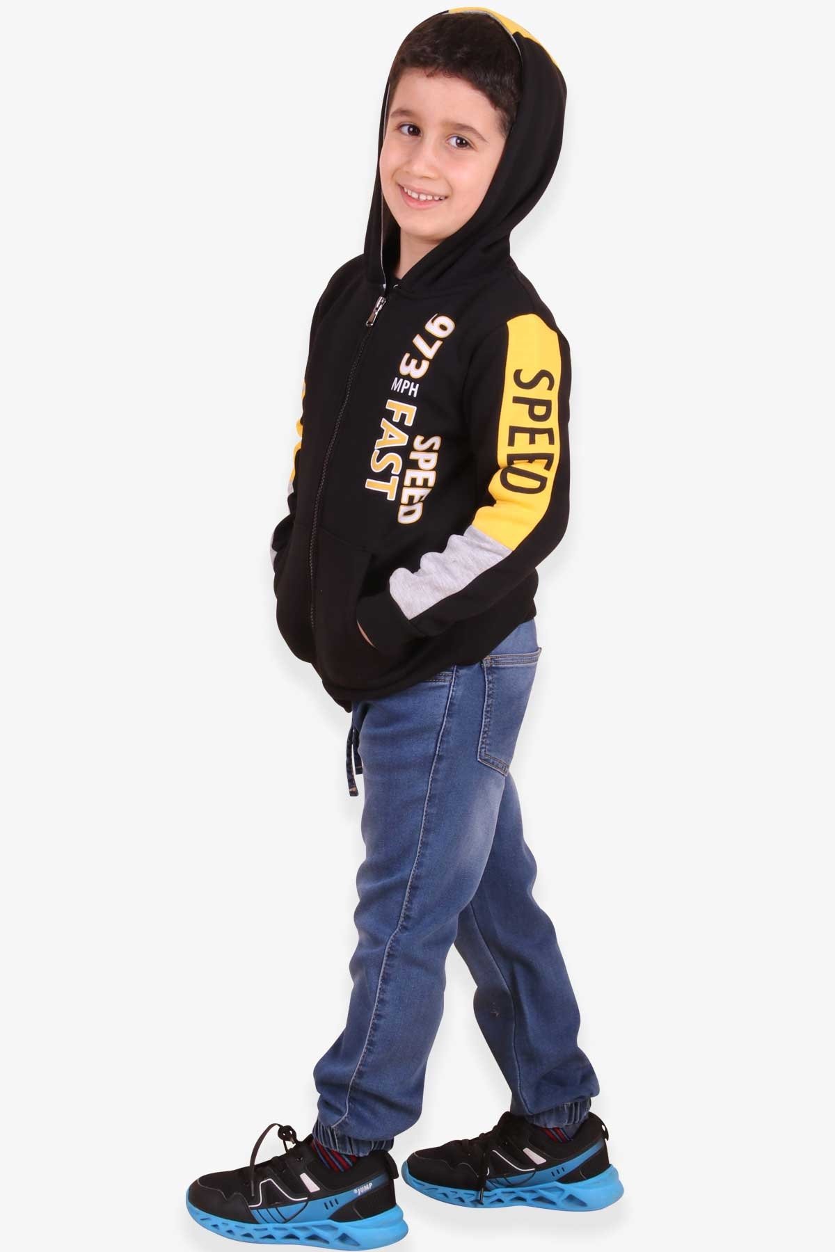 Breeze Erkek Çocuk Hırka Baskılı Kapüşonlu Siyah (4-8 Yaş)