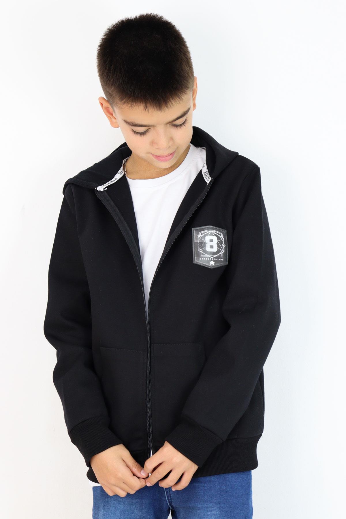 Breeze Erkek Çocuk Hırka Değişken Arma Baskılı Fermuarlı Cepli Siyah (8-14 Yaş)