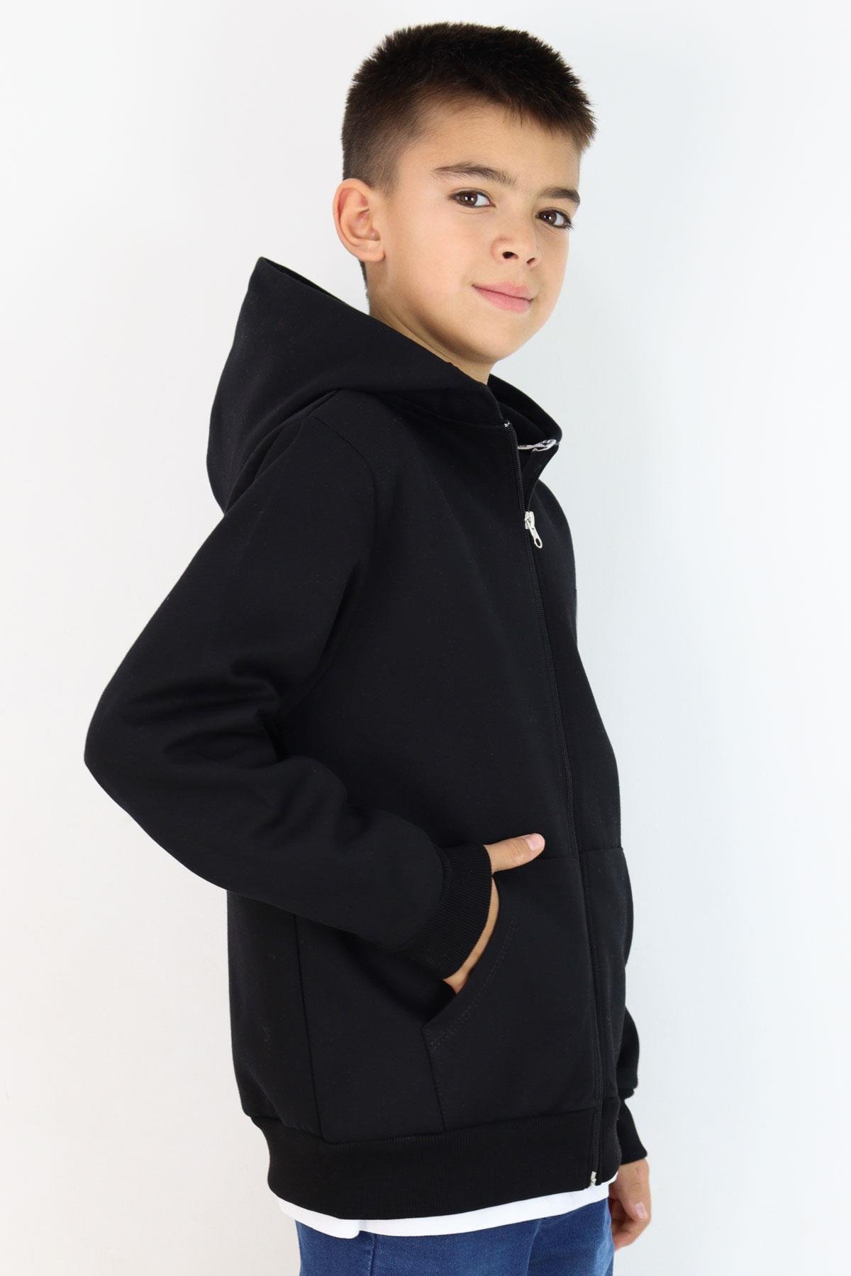 Breeze Erkek Çocuk Hırka Değişken Arma Baskılı Fermuarlı Cepli Siyah (8-14 Yaş)