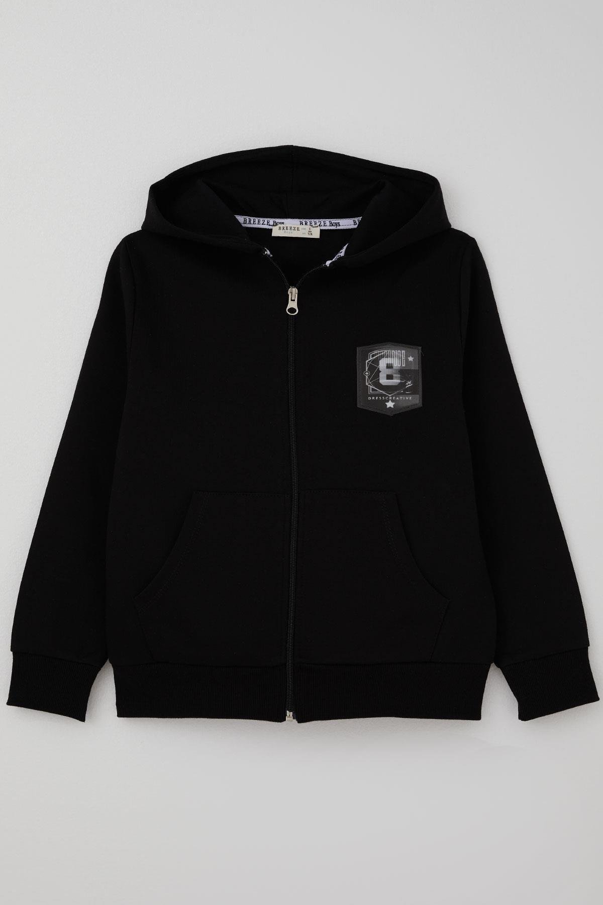 Breeze Erkek Çocuk Hırka Değişken Arma Baskılı Fermuarlı Cepli Siyah (8-14 Yaş)