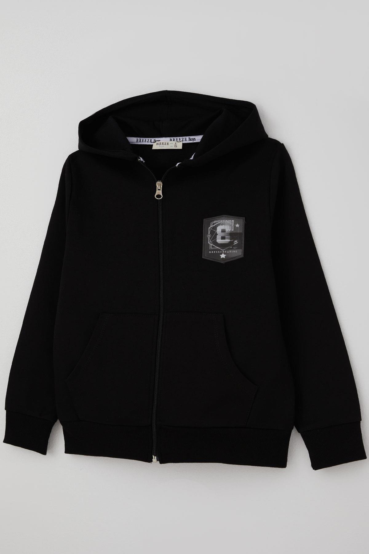 Breeze Erkek Çocuk Hırka Değişken Arma Baskılı Fermuarlı Cepli Siyah (8-14 Yaş)