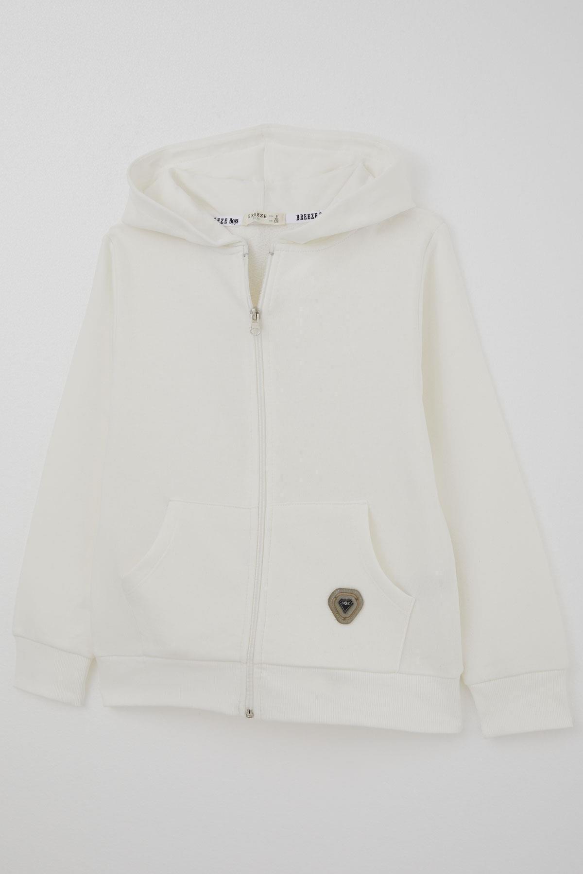 Breeze Erkek Çocuk Hırka Fermuarlı Yazı Armalı Ekru (8-12 Yaş)