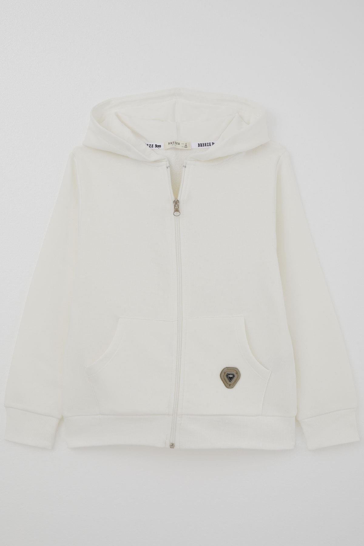 Breeze Erkek Çocuk Hırka Fermuarlı Yazı Armalı Ekru (8-12 Yaş)