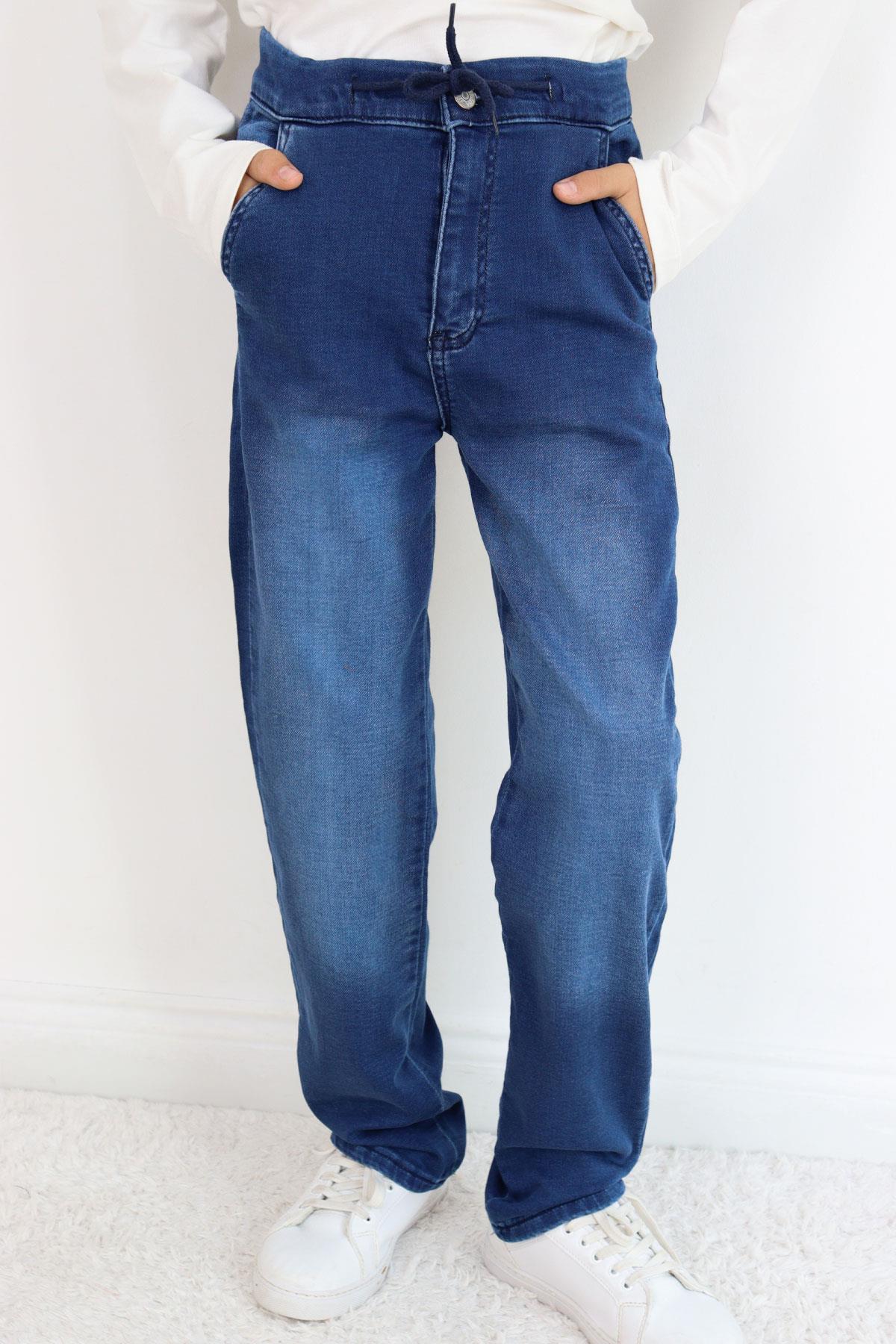 Breeze Erkek Çocuk Jean Pantolon Bağcıklı Fermuarlı Cepli Koyu Mavi (10-14 Yaş)