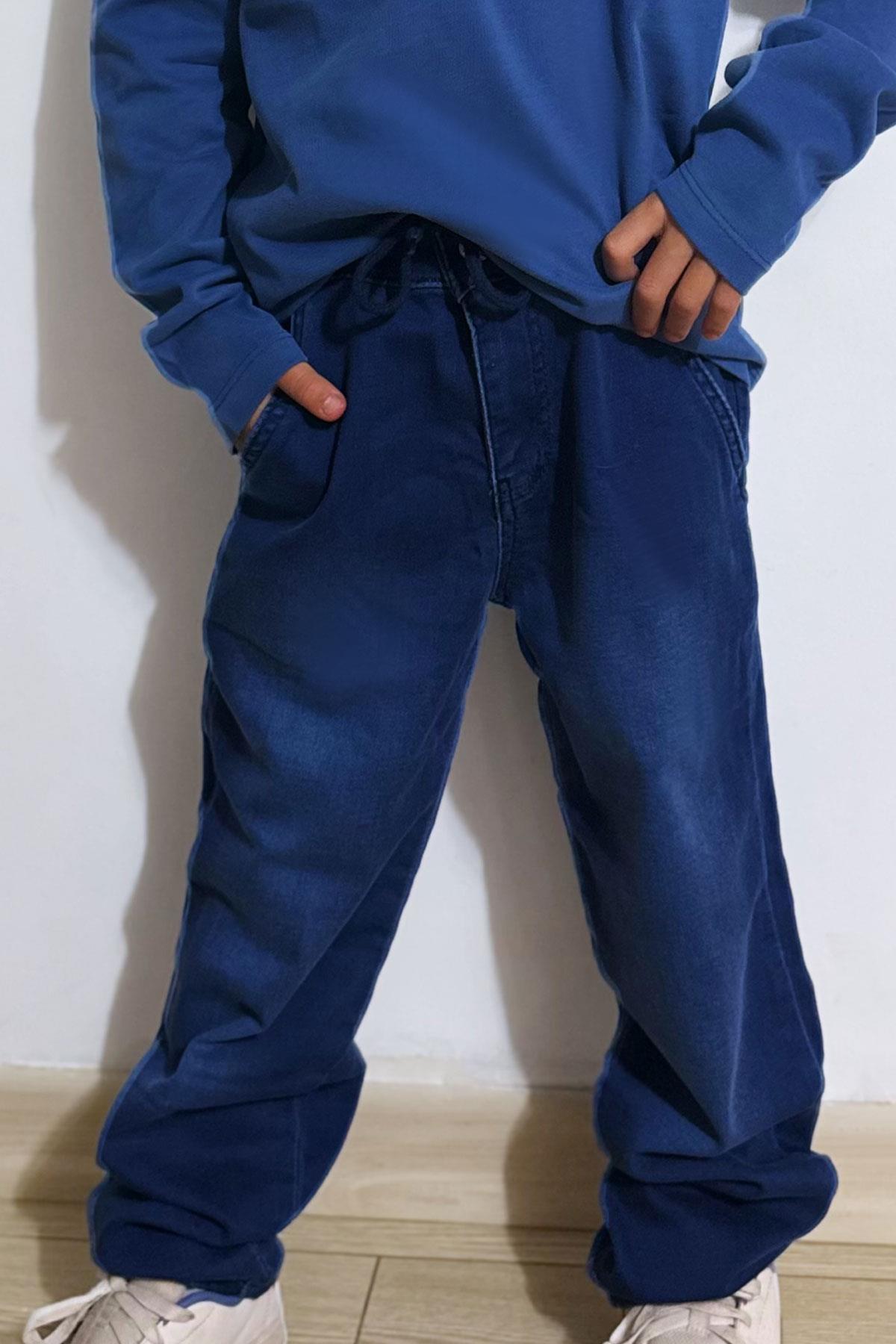 Breeze Erkek Çocuk Jean Pantolon Bağcıklı Fermuarlı Cepli Koyu Mavi (5-9 Yaş)