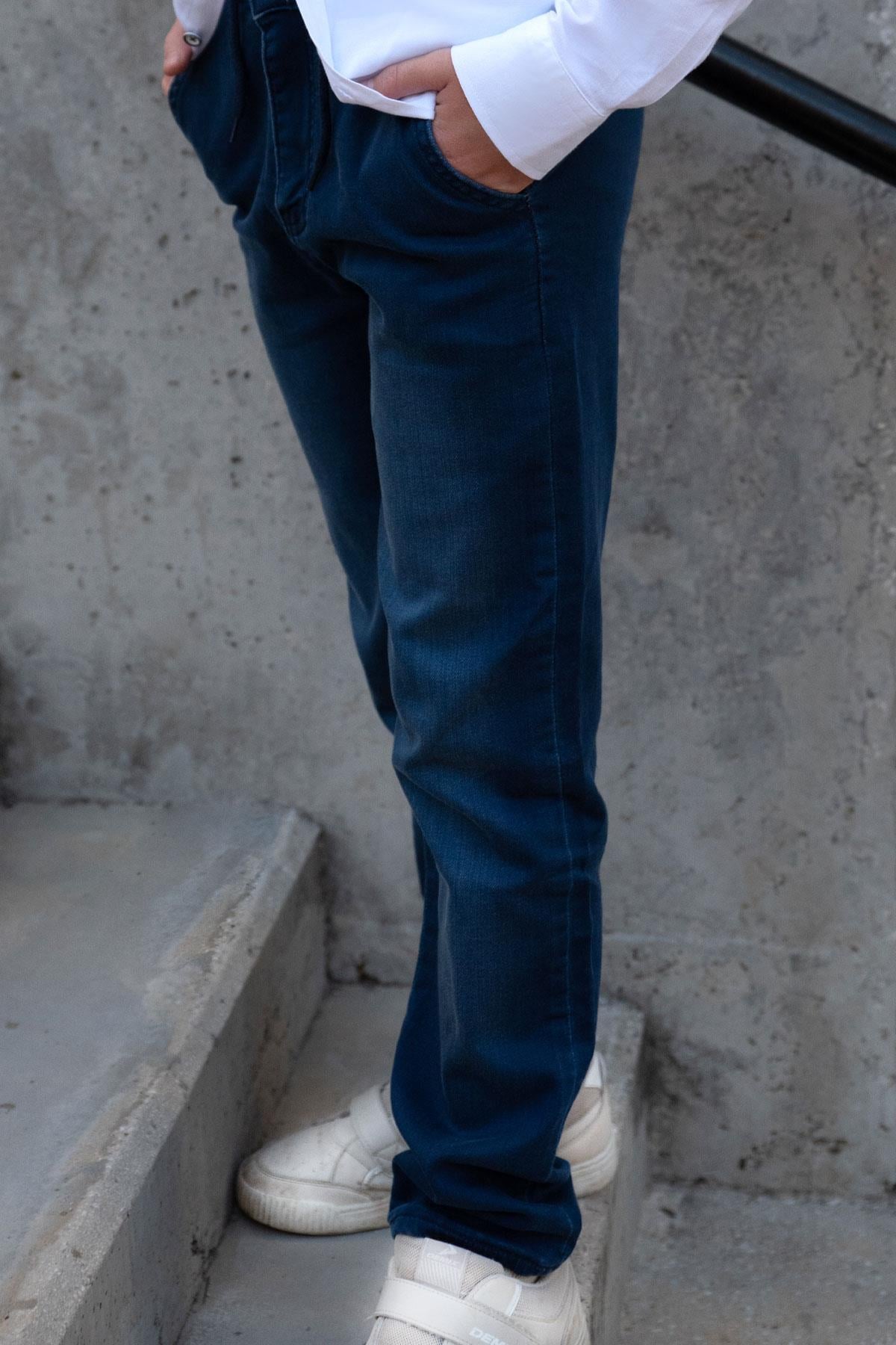 Breeze Erkek Çocuk Jean Pantolon Bağcıklı Fermuarlı Cepli Koyu Mavi (10-14 Yaş)