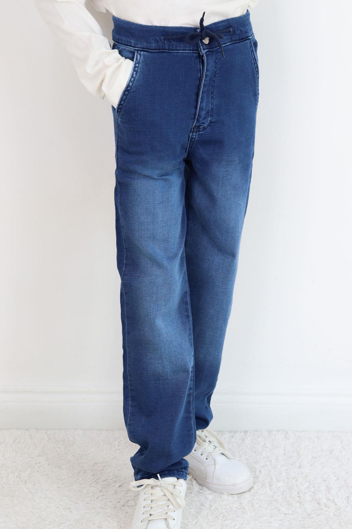 Breeze Erkek Çocuk Jean Pantolon Bağcıklı Fermuarlı Cepli Koyu Mavi (10-14 Yaş)