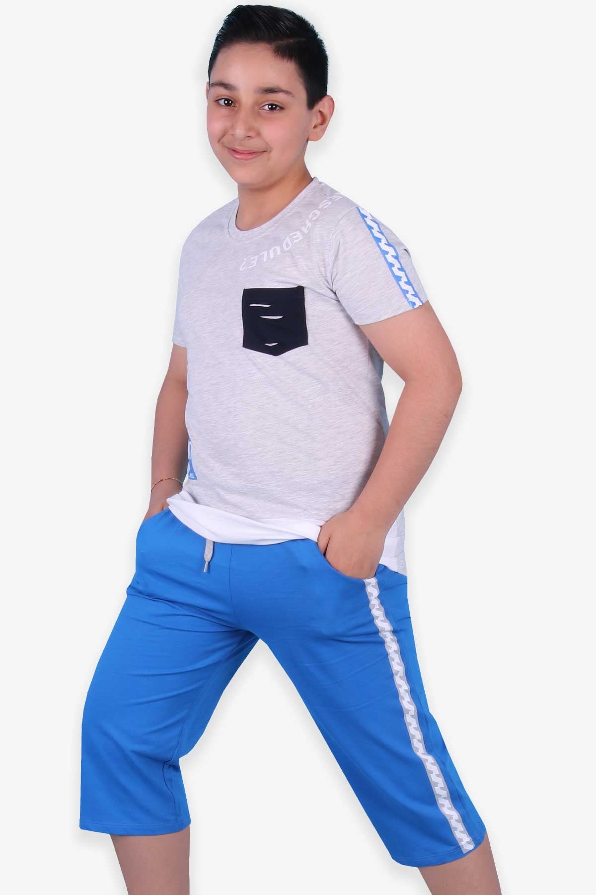 Breeze Erkek Çocuk Kapri Takım Baskılı Açık Gri Melanj (8-14 Yaş)