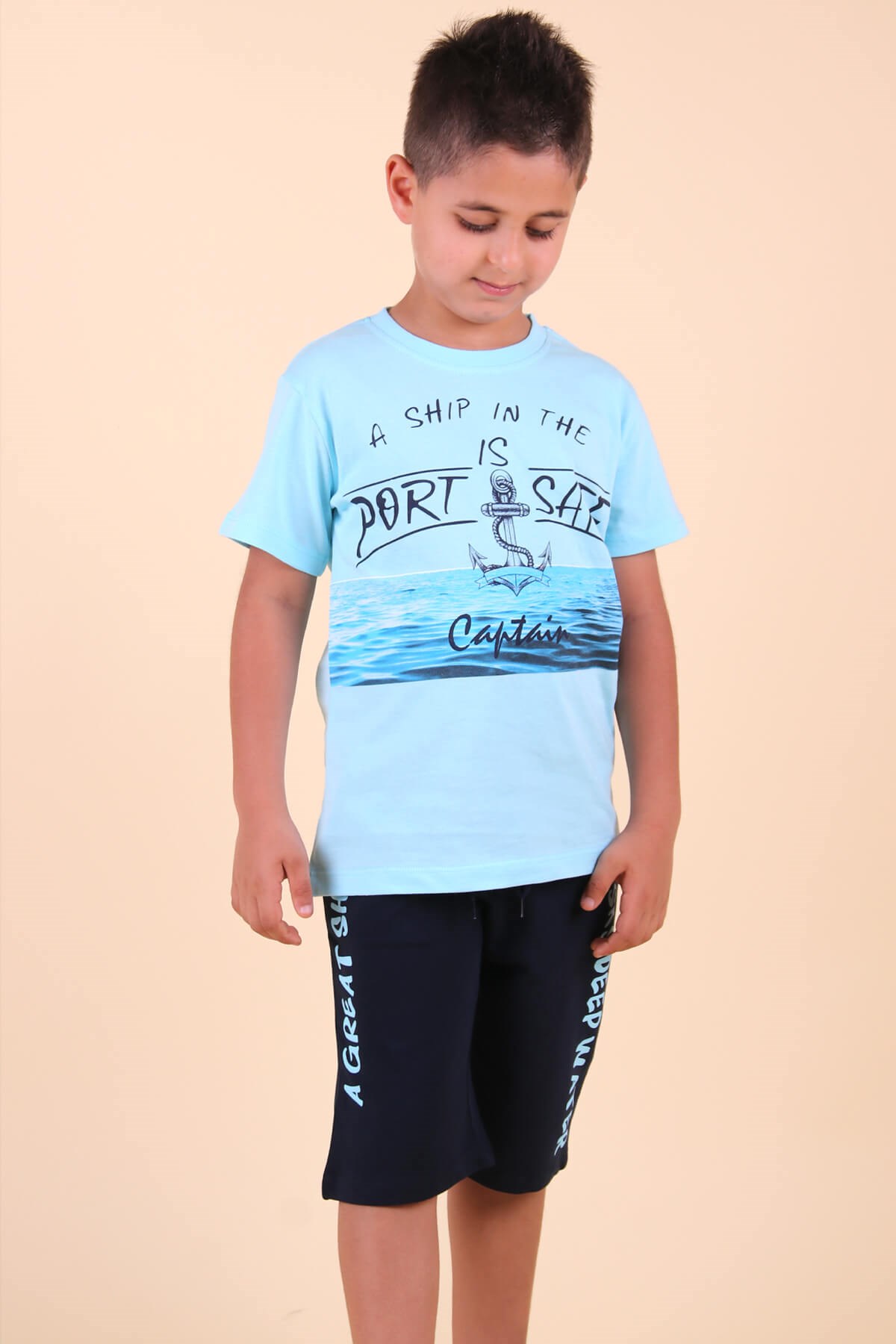 Breeze Erkek Çocuk Kapri Takım Çapa Desenli Turkuaz (5-10 Yaş)