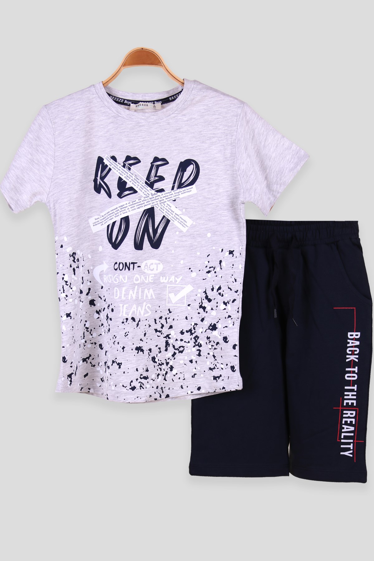 Breeze Erkek Çocuk Kapri Takım Keep On Baskılı Gri (8-12 Yaş)