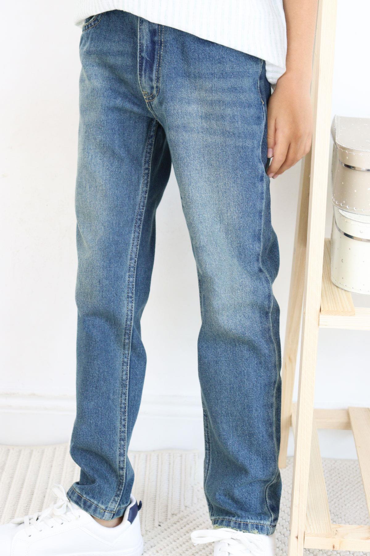 Breeze Erkek Çocuk Kot Pantolon Taşlanmış Cepli Fermuarlı Mavi (10-14 Yaş)